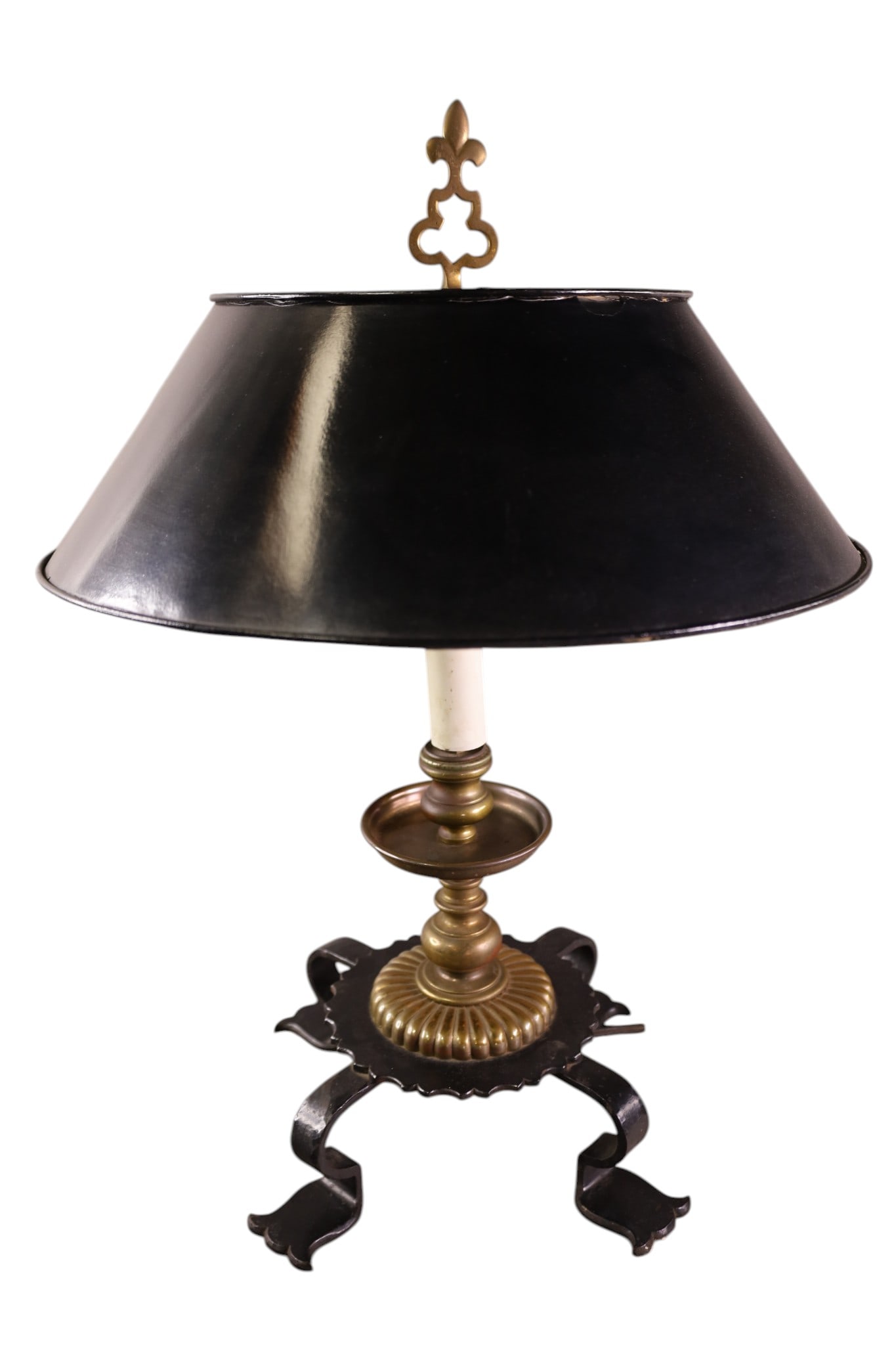 IORN & BRASS TABLE LAMP: PAPER SHADE, IRON AND BRAS BASE TABLE LAMP, DAMAGE TO SHADE. 16" DIAM x 23 " H.