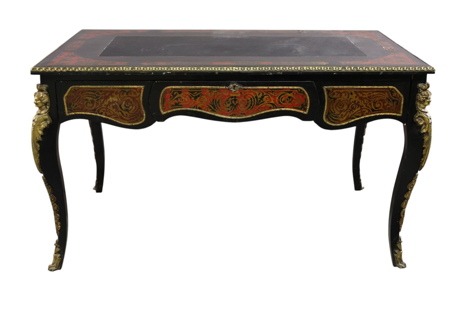 INLAID BOULLE BUREAUPLAT DESK: FRENCH BOULLE INLAID BUREAUPLAT DESK, SOME RAISED INLAY. 55 1/2" W x 32 1/2" D x 32" H. THIS ITEM EXCEEDS SIZE, WEIGHT, AND OR FRAGILITY LIMITATIONS FOR IN HOUSE SHIPPING, MUST BE PICKED UP IN HOUSE