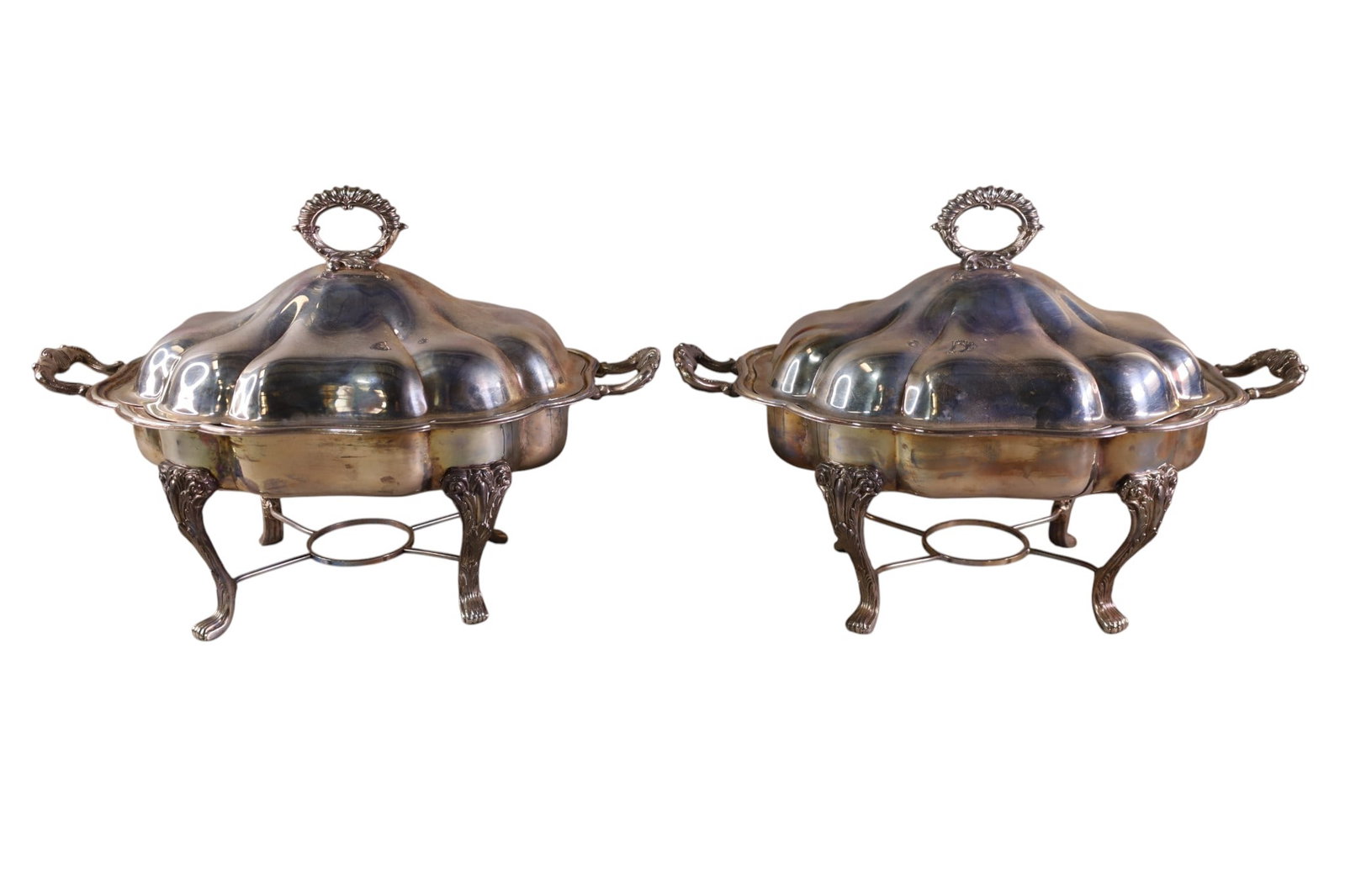 PAIR OF LARGE SILVERPLATED SERVING DISHES: FOOTED, LIDDED SILVERPLATED SERVING DISHES, 16 1/2" x 11"