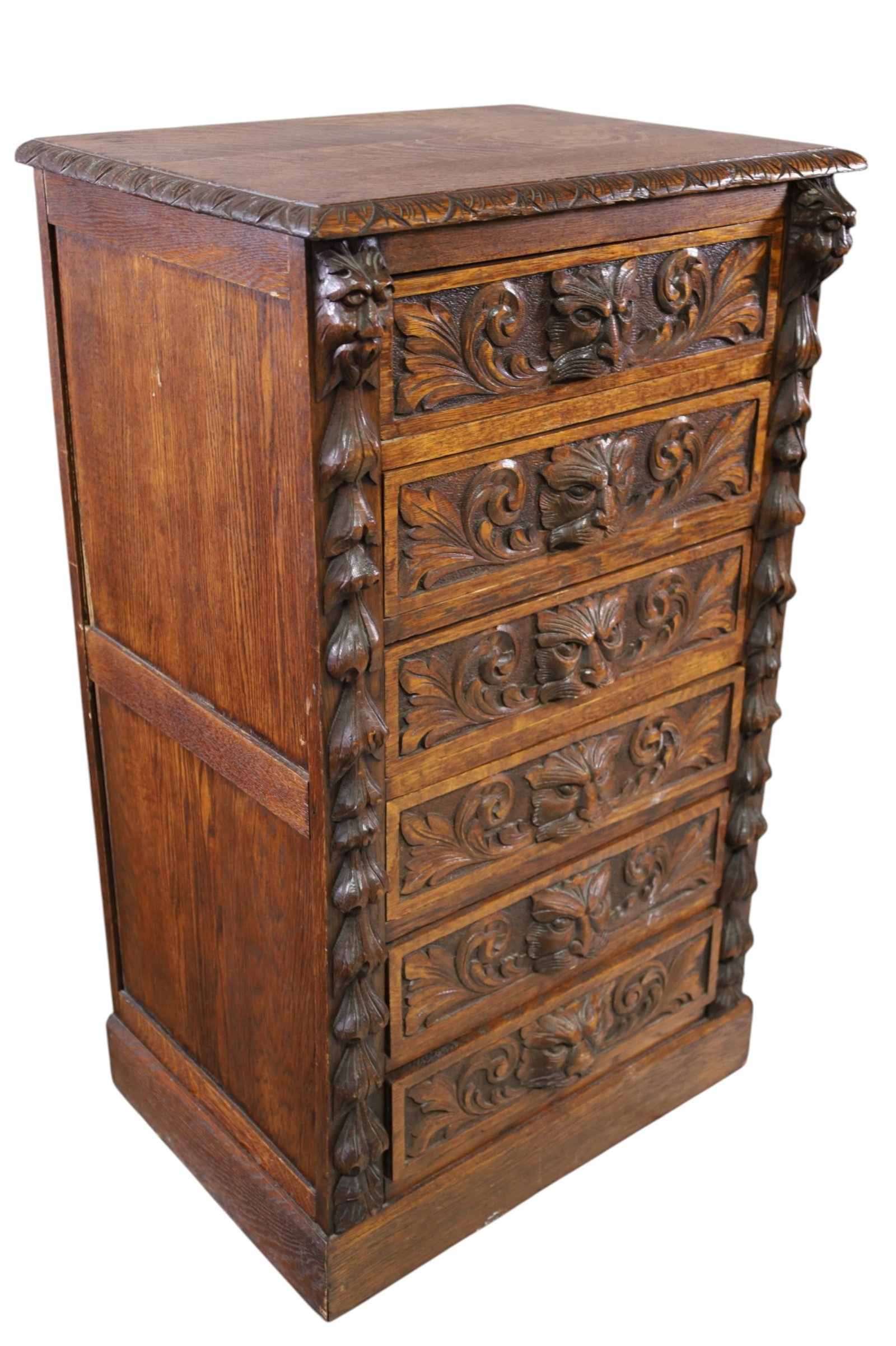 CARVED 1800'S EUROPEAN OAK 6 DRAWER CHEST: EUROPEAN OAK 6 DRAWER NARROW CHEST, HIGHLY CARVED LION DRAWER FRONTS. FINISH WEAR, 24" W x 18" D x 41" H. THIS ITEM EXCEEDS SIZE, WEIGHT, AND OR FRAGILITY LIMITATIONS FOR IN HOUSE SHIPPING, MUST BE