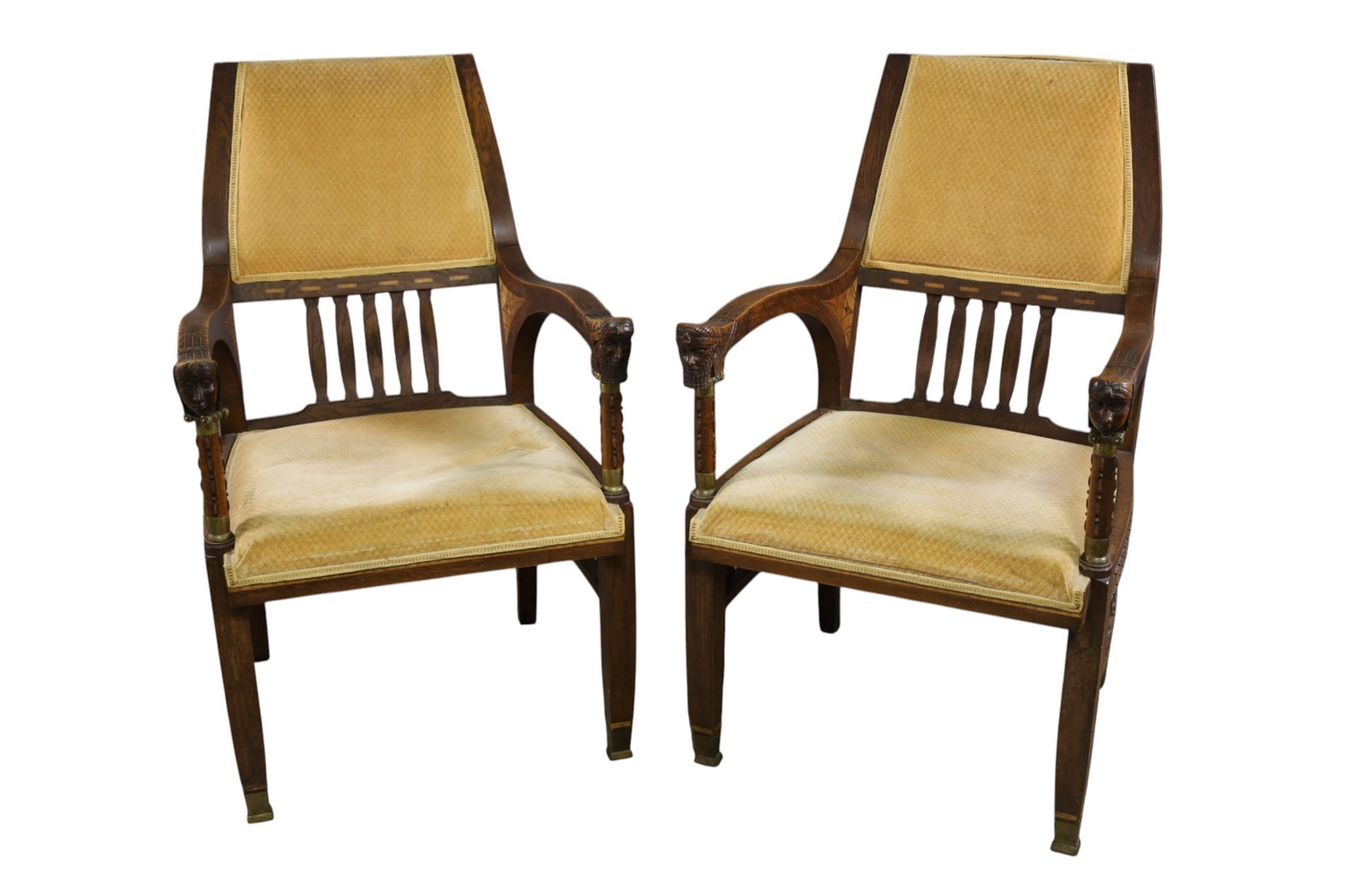 PAIR OF EGYPTIAN REVIVAL ARMCHAIRS: ANTIQUE INLAID FIGURAL, EGYPTIAN REVIVAL ARMCHAIRS, OAK. UPHOLSTERY NEEDS CLEANED. 24" W x 25" D x 40" H. THIS ITEM EXCEEDS SIZE, WEIGHT, AND OR FRAGILITY LIMITATIONS FOR IN HOUSE SHIPPING, MUST BE