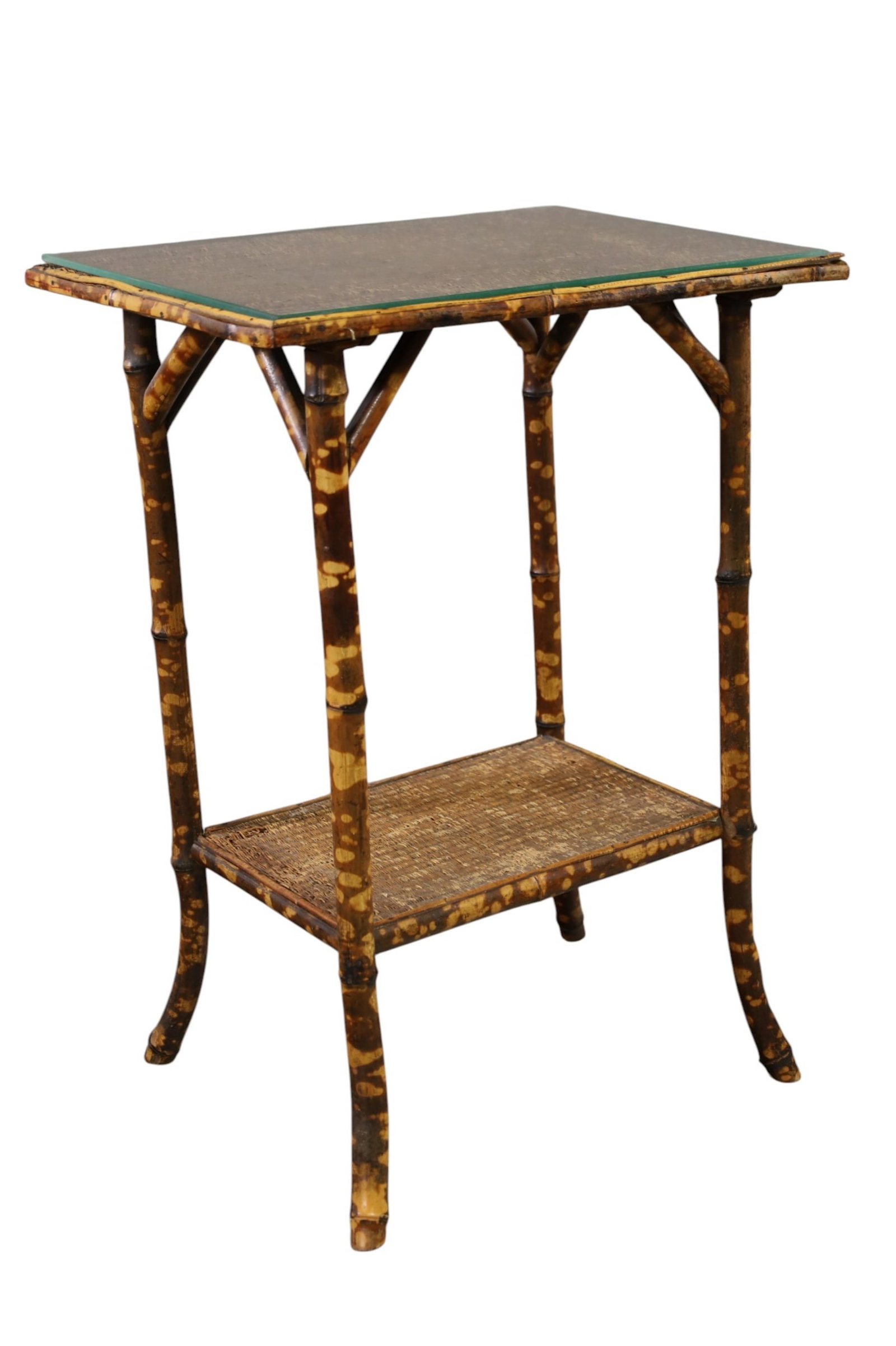 VICTORIAN BAMBOO SIDE TABLE: GLASS TOP, VICTORIAN BAMBOO SIDE TABLE. 21" W X 14" D x 28" H. THIS ITEM EXCEEDS SIZE, WEIGHT, AND OR FRAGILITY LIMITATIONS FOR IN HOUSE SHIPPING, MUST BE PICKED UP IN HOUSE OR SHIPPED VIA 3RD PARTY