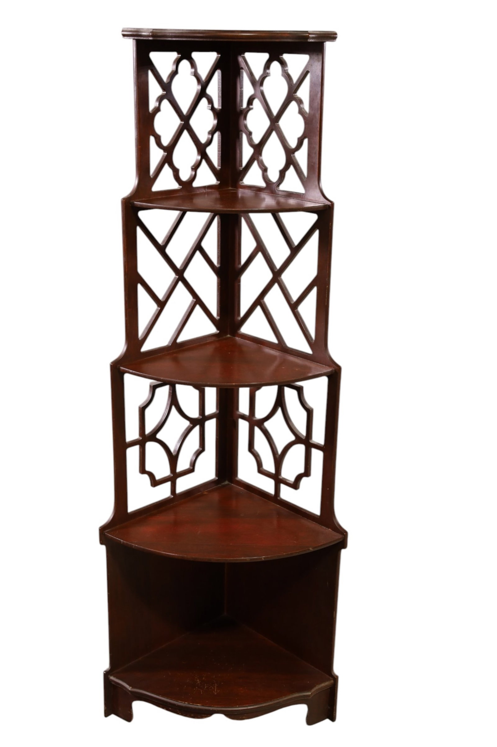 MAHOGANY CORNER WHAT NOT SHELF: SMALL CORNER WHAT NOT SHELF, MISSING TOP GALLERY, 17" W x 47" H. THIS ITEM EXCEEDS SIZE, WEIGHT, AND OR FRAGILITY LIMITATIONS FOR IN HOUSE SHIPPING, MUST BE PICKED UP IN HOUSE OR SHIPPED VIA 3RD