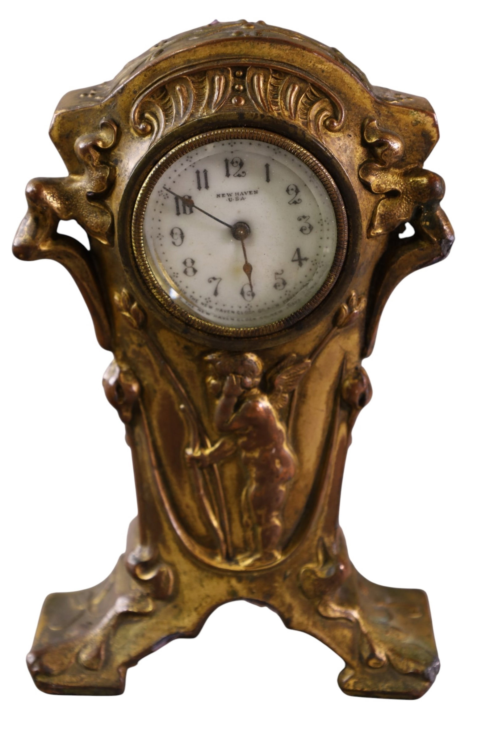 ART NOUVEAU SHELF CLOCK: NEW HAVEN ART NOUVEAU SHELF CLOCK, DISCOLORED. 7" H. ALL CLOCKS ARE SOLD AS IS WE DO NOT GUARANTEE WORKING ORDER