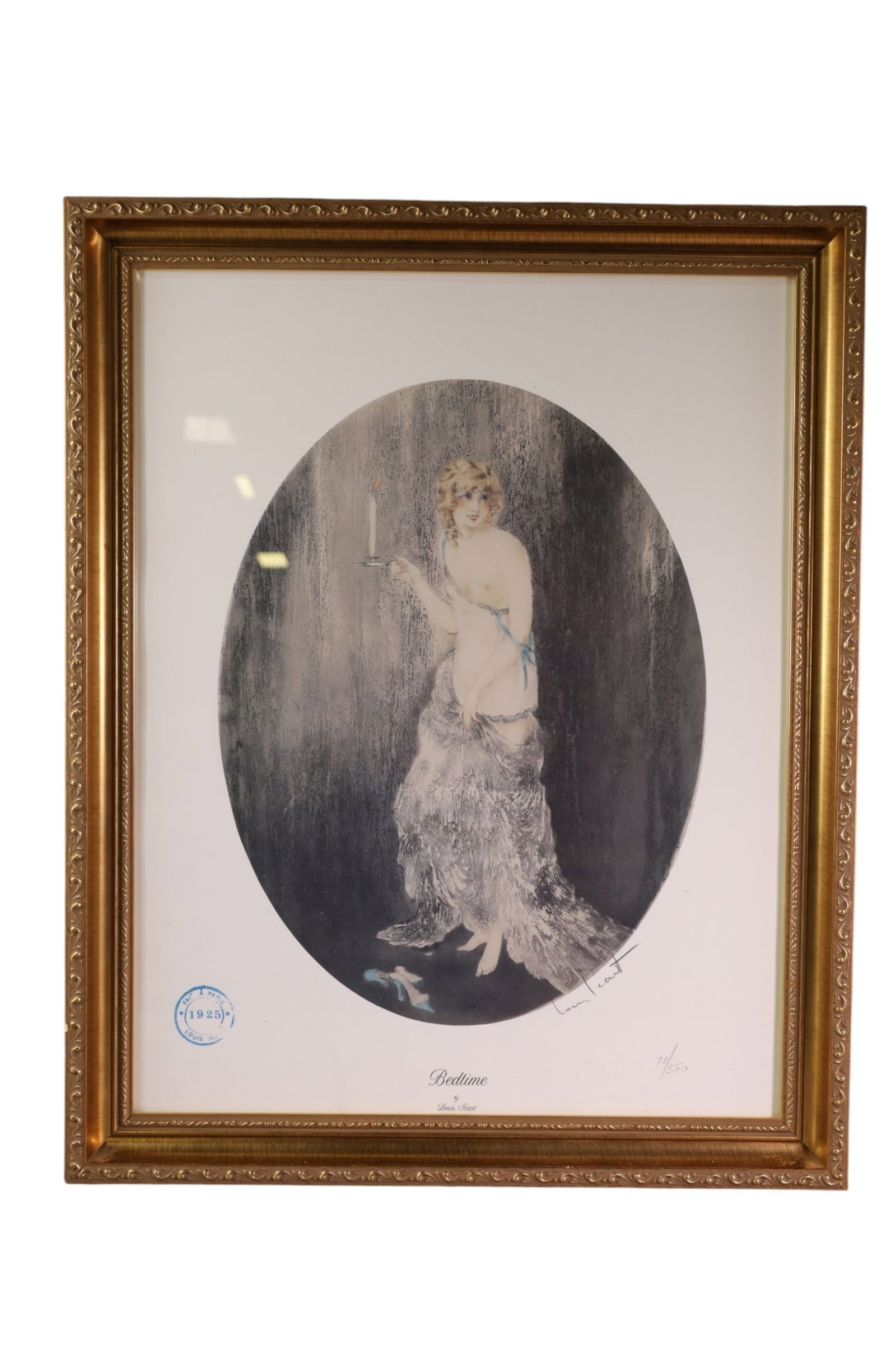 ICART LITHOGRAPH: FRAMED LITHOGRAPH, LOUIS ICART, WITH MINDMILL STAMP, DATED 1925. TITLED BEDTIME. No 70/500. 13" x 17" IMAGE SIZE / 21" x 26" IN FRAME