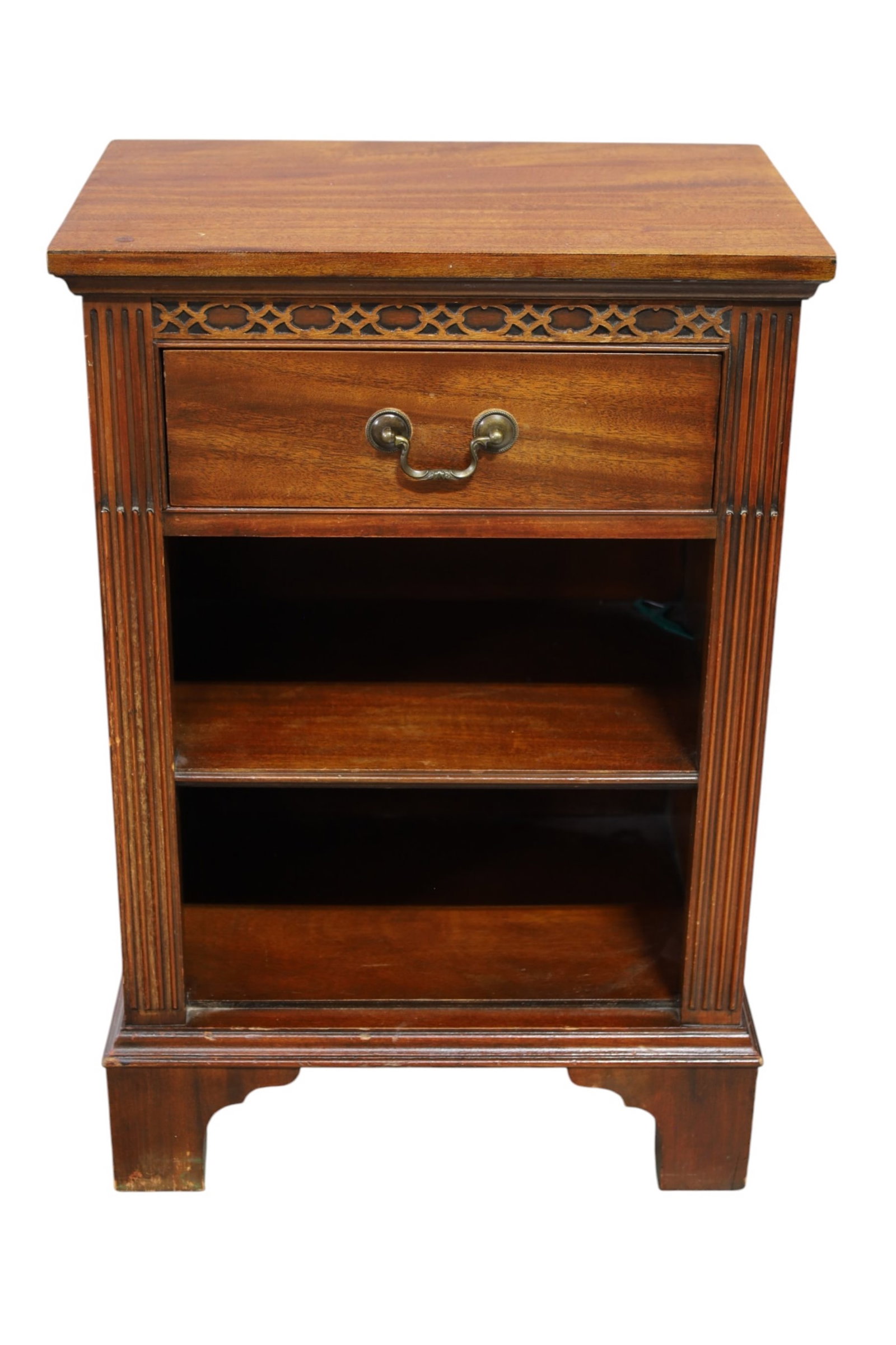 MAHOGANY NIGHTSTAND: SINGLE DRAWER OPEN BASE MAHOGANY NIGHTSTAND, WEAR TO FINISH. 18" W x 12" D x 27" H. THIS ITEM EXCEEDS SIZE, WEIGHT, AND OR FRAGILITY LIMITATIONS FOR IN HOUSE SHIPPING, MUST BE PICKED UP IN HOUSE OR