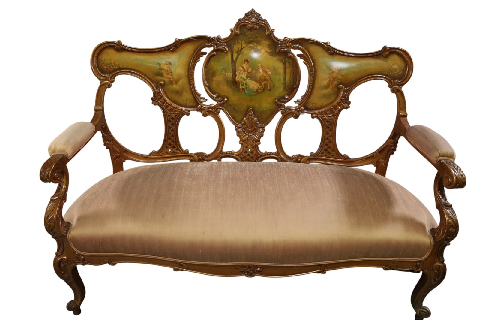 VERNIS MARTIN STYLE BENCH: CHERUB AND GARDEN SCENE BACK, VERNIS MARTIN STYLE BENCH, HIGHLY CARVED. WEAR TO FINISH, UPHOLSTERY HAS STAINS. 58" W x 26" D x 43" H.