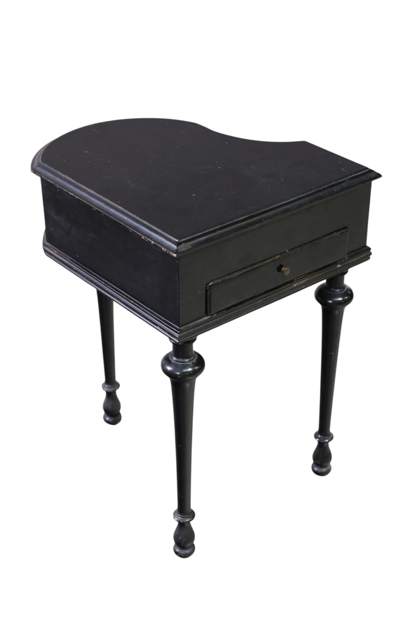 PIANO FORM SIDE TABLE: BABY GRAND FORM SIDE TABLE, TILT TOP, LOWER DRAWER. WEAR TO FINISH. 17" W x 18" D x 24" H. THIS ITEM EXCEEDS SIZE, WEIGHT, AND OR FRAGILITY LIMITATIONS FOR IN HOUSE SHIPPING, MUST BE PICKED UP IN