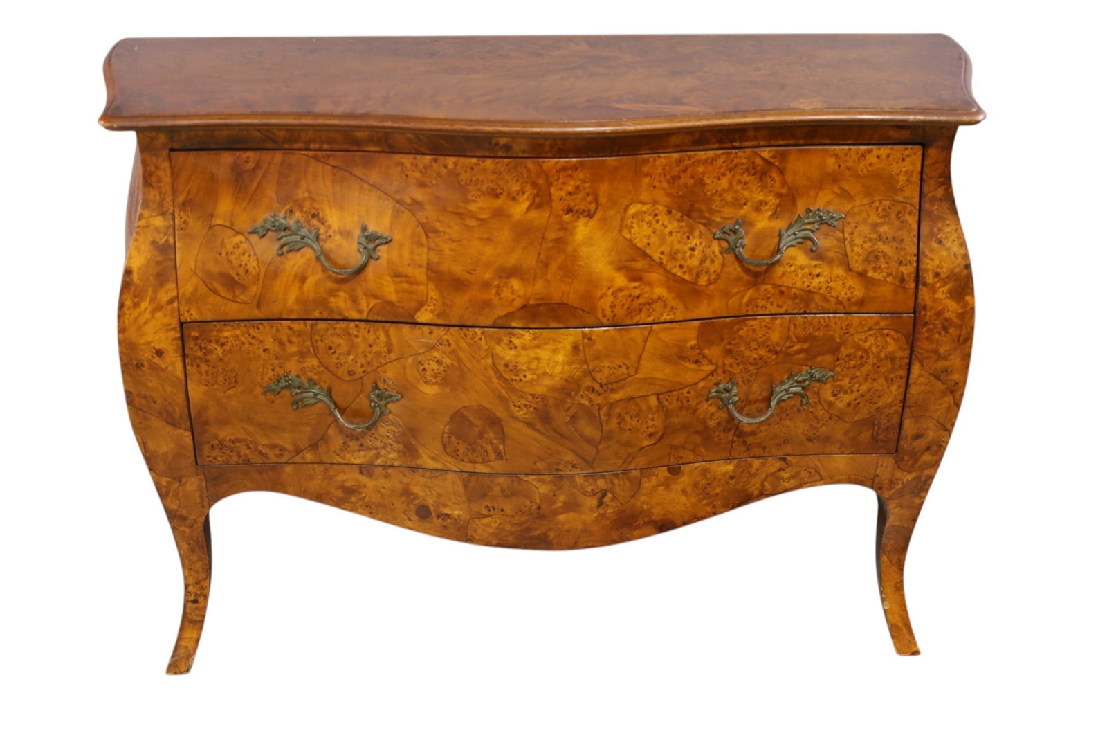 ITALIAN CHEST: LARGE ITALIAN BURLED TWO DRAWER DESK, 45 1/2" W x 18" D x 30" H. THIS ITEM EXCEEDS SIZE, WEIGHT, AND OR FRAGILITY LIMITATIONS FOR IN HOUSE SHIPPING, MUST BE PICKED UP IN HOUSE OR SHIPPED VIA 3RD