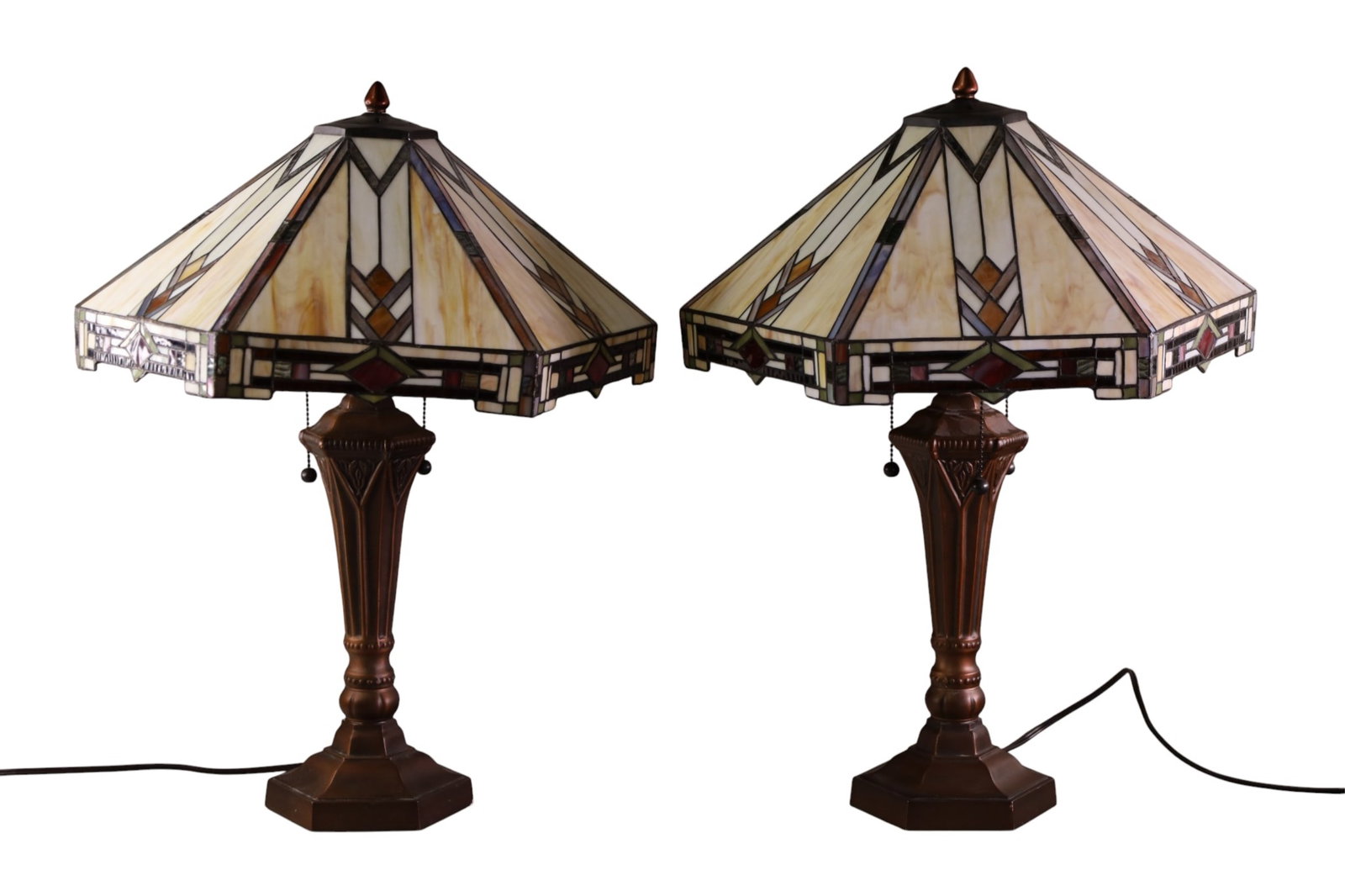 PAIR OF LEADED GLASS TABLE LAMPS: PAIR OF CONTEMPORARY ARTS & CRAFTS LEADED GLASS TABLE LAMPS. TRIPLE SOCKET, DAMAGE TO ONE SHADE. 17" W x 26" H.