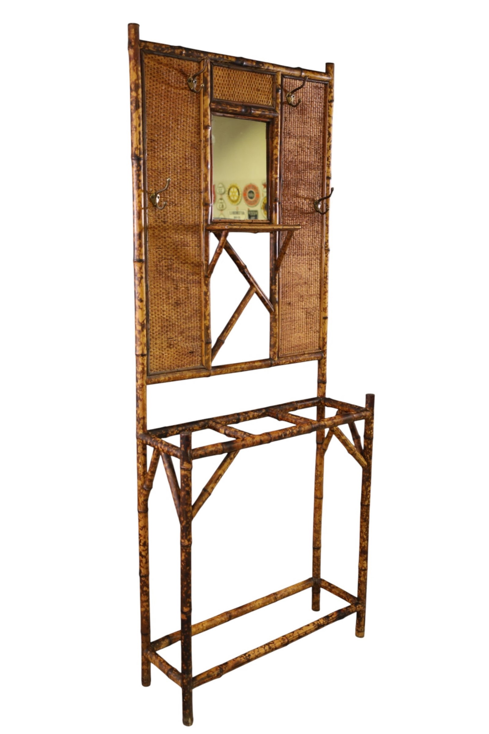 VICTORIAN BAMBOO HALLTREE: VICTORIAN BAMBOO HALLTREE WITH MIRROR, 29" W x 10" D x 75" H. THIS ITEM EXCEEDS SIZE, WEIGHT, AND OR FRAGILITY LIMITATIONS FOR IN HOUSE SHIPPING, MUST BE PICKED UP IN HOUSE OR SHIPPED VIA 3RD PARTY