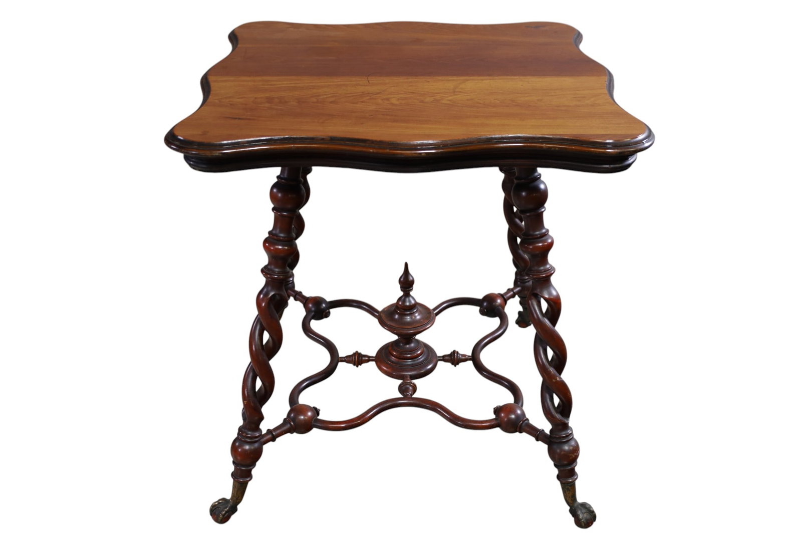 MERKLEN LAMP TABLE: ORNATE MERKLEN LAMP TABLE, TWISTED LEG BASE, BALL AND CLAW FOOT, MINOR WEAR TO FINISH. TOP IS FADED. 27" x 27" x 28 1/2" THIS ITEM EXCEEDS SIZE, WEIGHT, AND OR FRAGILITY LIMITATIONS FOR IN HOUSE