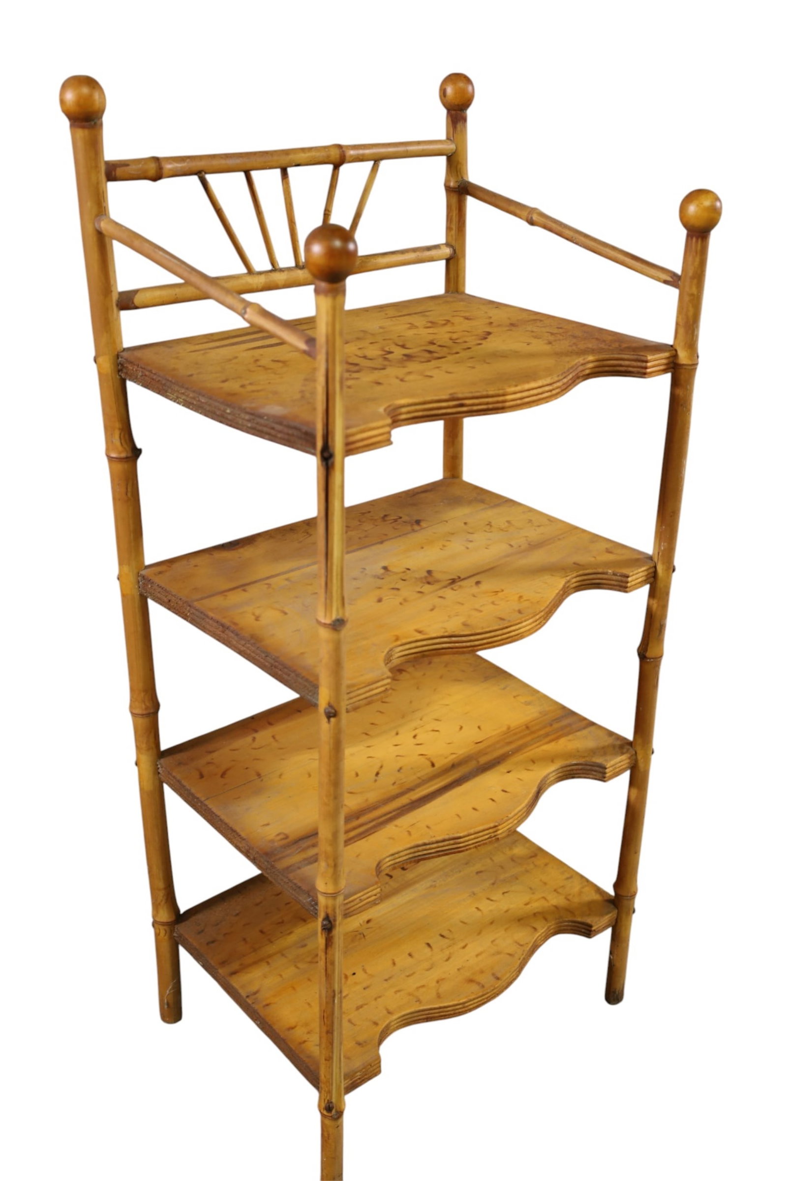 VICTORIAN BAMBOO ETAGERE SHELF: SMALL VICTORIAN ETAGERE, 17" W x 13" D x 38" H. THIS ITEM EXCEEDS SIZE, WEIGHT, AND OR FRAGILITY LIMITATIONS FOR IN HOUSE SHIPPING, MUST BE PICKED UP IN HOUSE OR SHIPPED VIA 3RD PARTY SHIPPER.