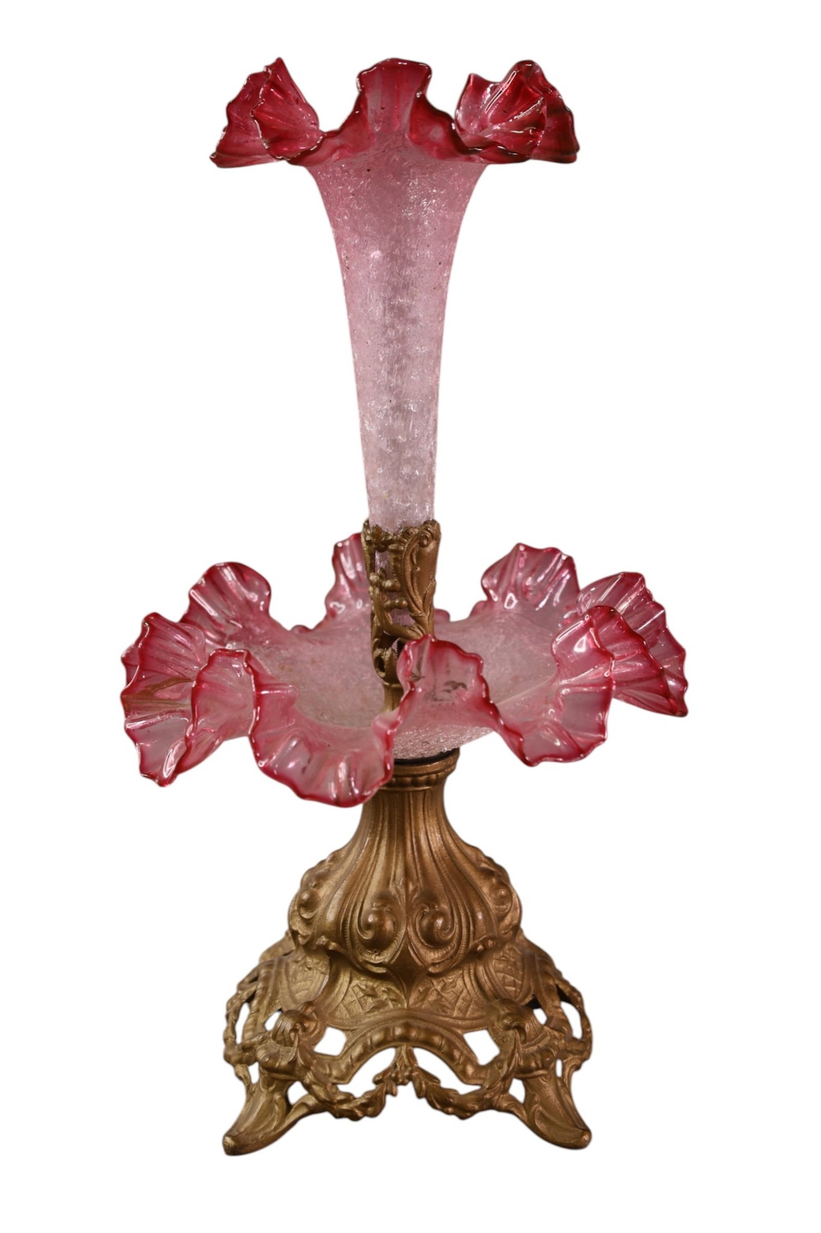 VICTORIAN EPERGNE: BRASS AND CRANBERRY VICTORIAN EPERGNE 8" W x 14" H.