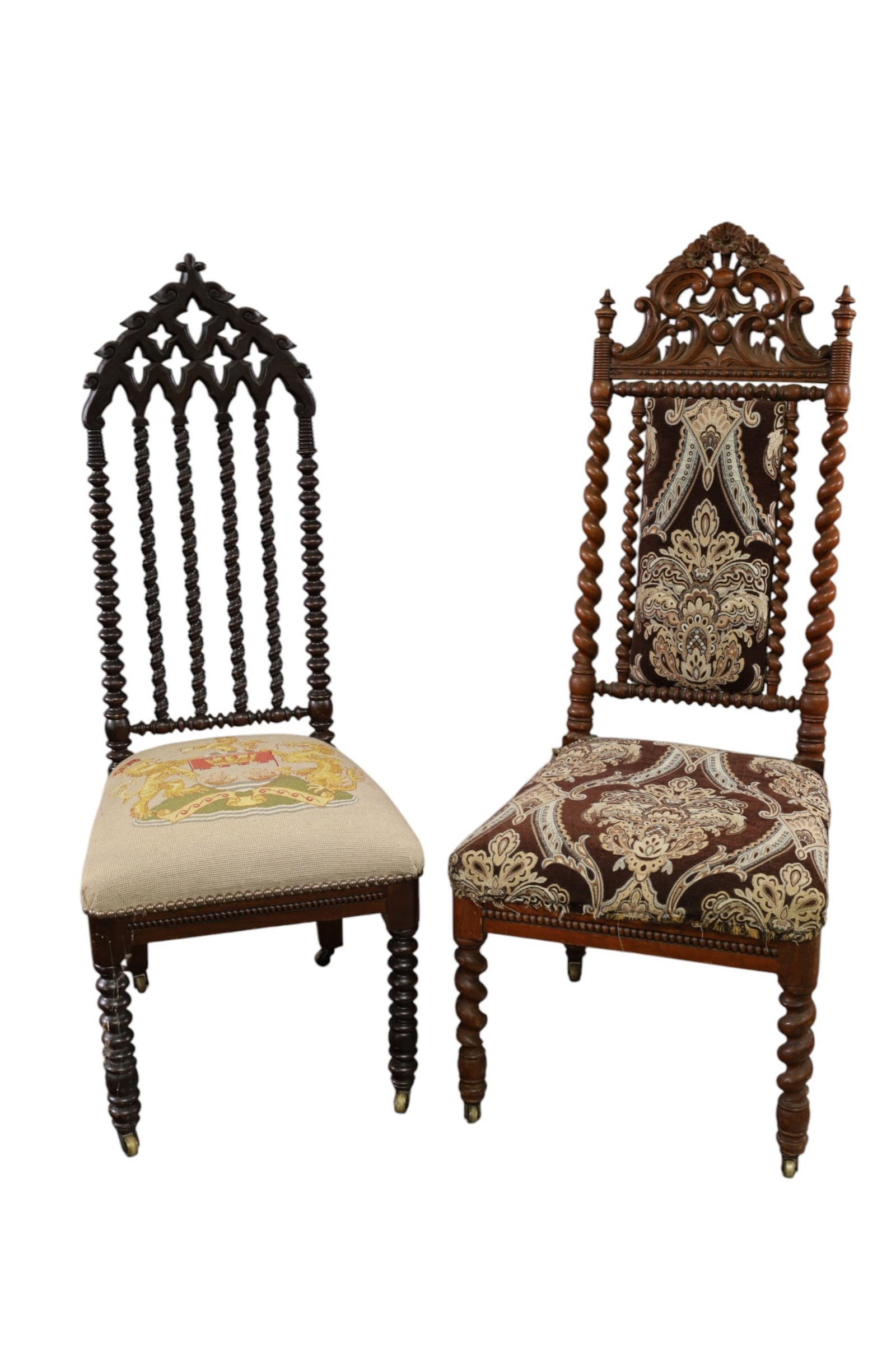 2 GOTHIC SIDE CHAIRS (AS IS): ONE WITH NEEDLEPOINT SEAT, GOTHIC SIDE CHAIRS, REPAIR TO ONE CHAIR BACK. DAMAGE TO UPHOLSTERY, 18" W x 22" x 45" H. THIS ITEM EXCEEDS SIZE, WEIGHT, AND OR FRAGILITY LIMITATIONS FOR IN HOUSE SHIPPING,
