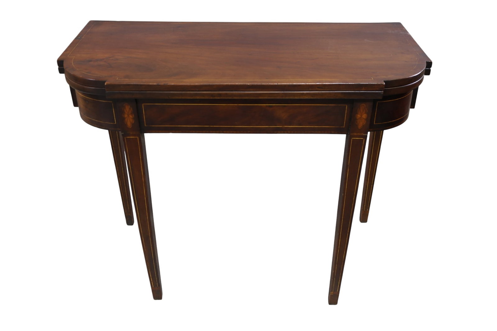 19TH CENTURY INLAID GAME TABLE: 19TH CENTURY INLAID GAME TABLE, FLIP TOP. ONE LEG IS LOOSE AND MISSING PIN. 37" W x 37" D x 28" H. THIS ITEM EXCEEDS SIZE, WEIGHT, AND OR FRAGILITY LIMITATIONS FOR IN HOUSE SHIPPING, MUST BE PICKED