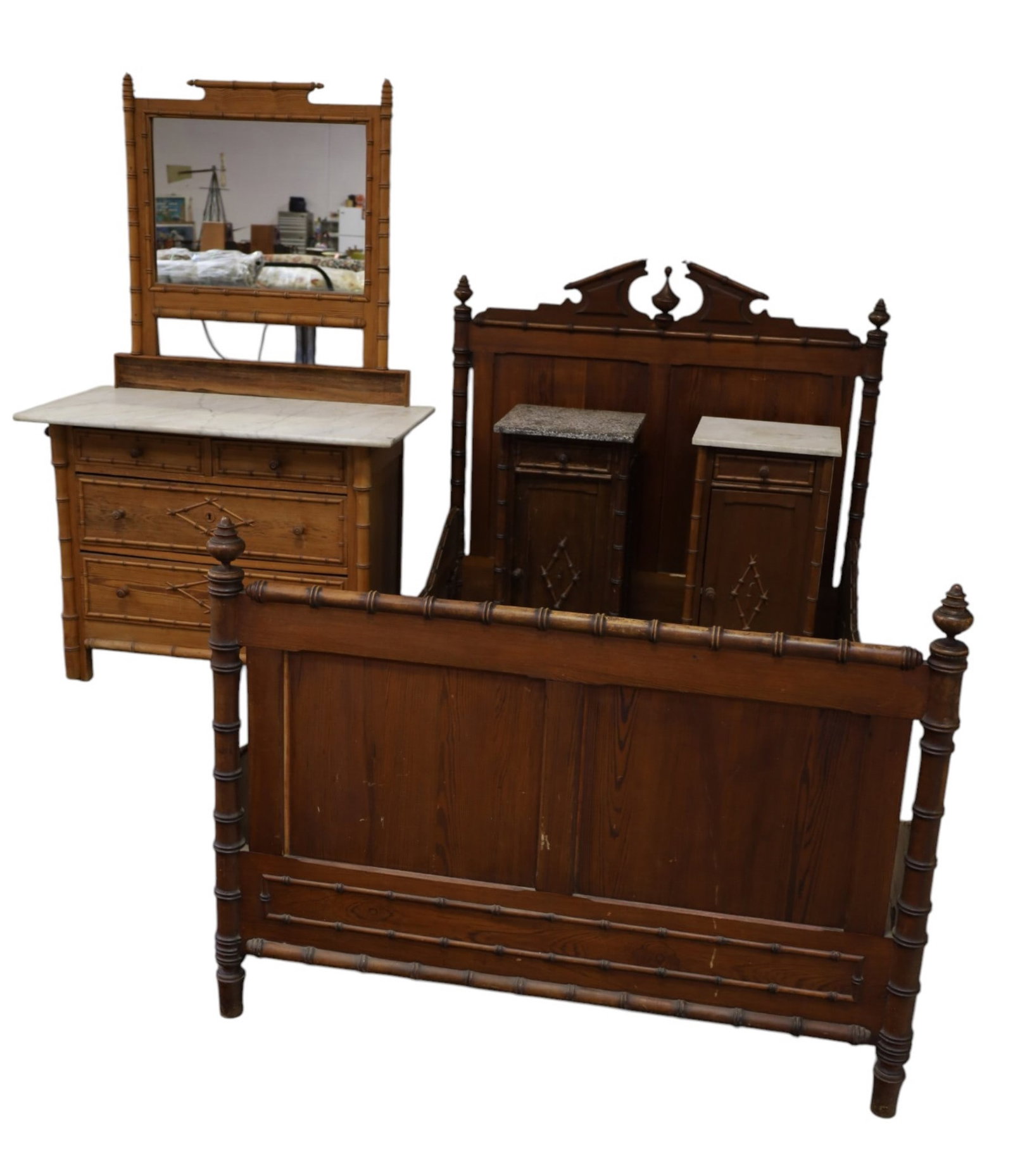 4 PIECE FAUX BAMBOO BEDROOM SET: 4 PIECE VICTORIAN FAUX BAMBOO BEDROOM SET, IN THE STYLE OF RJ HORNER, MARBLE TOP DRESSER WITH MIRROR (REPLACED MARBLE) MISSING TOWEL BAR ON ONE SIDE, PAIR OF NIGHTSTANDS, (REPLACED MARBLE), DRESSER,