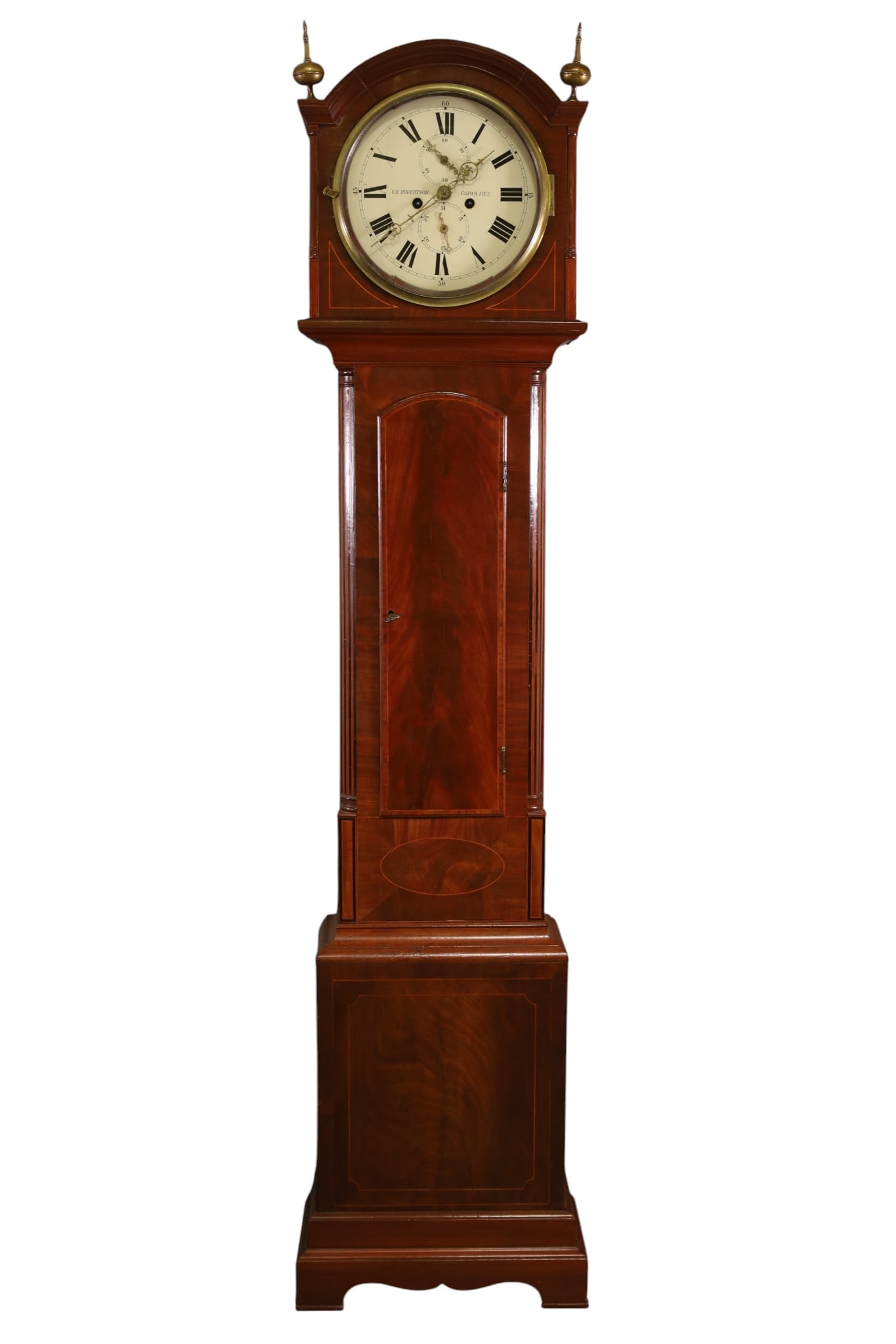 SCOTTISH TALL CASE GRANDFATHER CLOCK: 19TH CENTURY INLAID MAHOGANY, SCOTTISH 2 WEIGHT GRANDFATHER CLOCK, MARKED ROBERTSON, 81" H. THIS ITEM EXCEEDS SIZE, WEIGHT, AND OR FRAGILITY LIMITATIONS FOR IN HOUSE SHIPPING, MUST BE PICKED UP IN