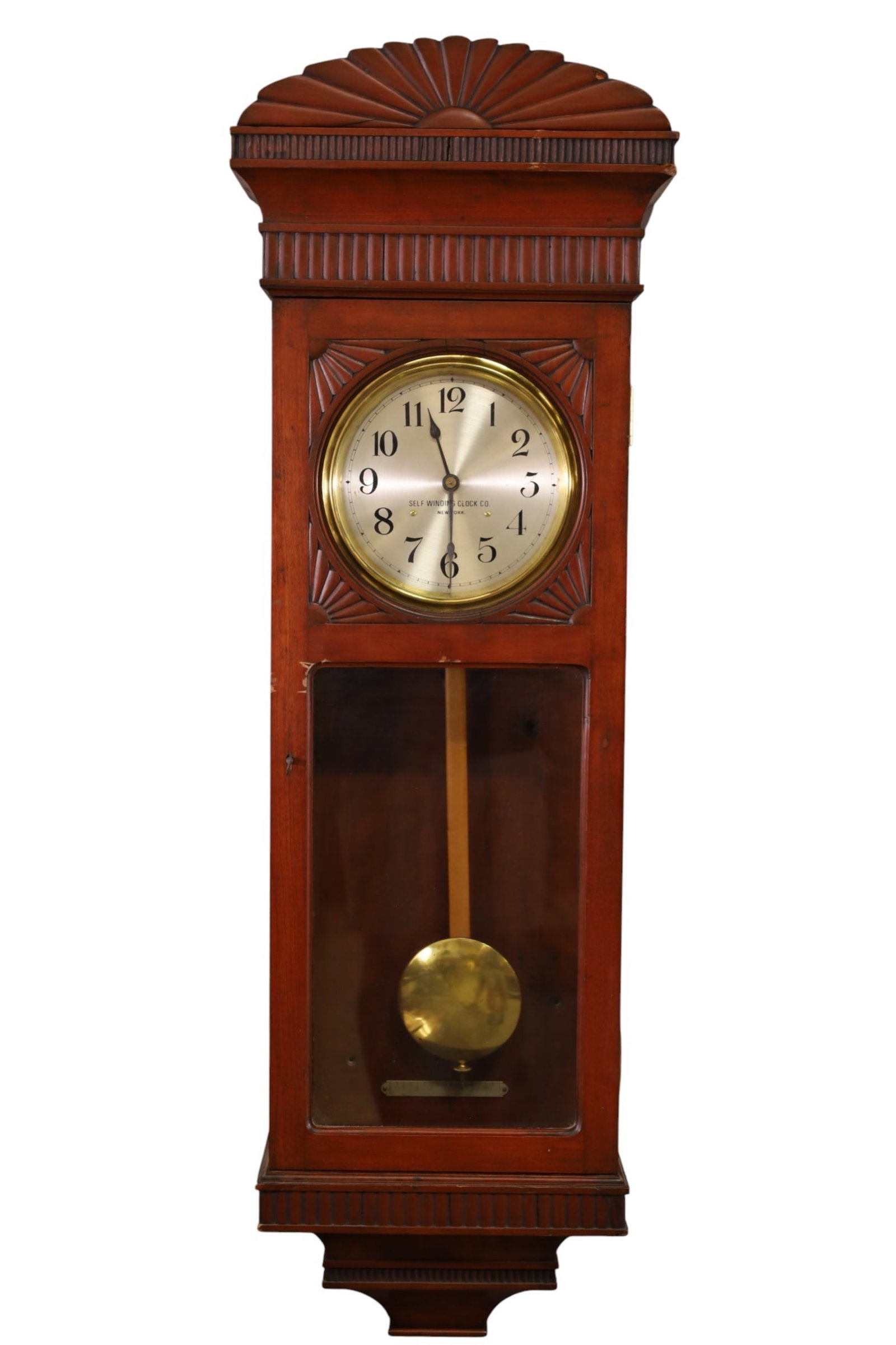SELF WINDING CLOCK CO, WALL CLOCK: MAHOGANY CASE, SELF WINDING CLOCK CO, ELECTRIC WALL CLOCK, 15" W x 46" THIS ITEM EXCEEDS SIZE, WEIGHT, AND OR FRAGILITY LIMITATIONS FOR IN HOUSE SHIPPING, MUST BE PICKED UP IN HOUSE OR SHIPPED VIA 3RD