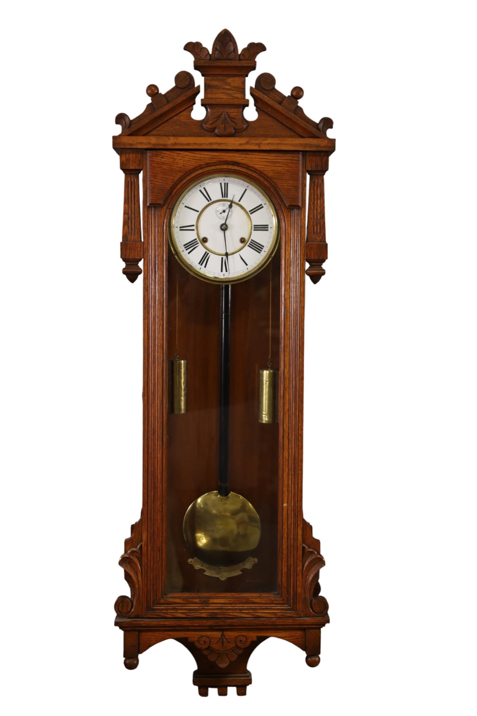 ANSONIA WALL CLOCK: TWO WEIGHT ANSONIA PROMPT 2 WEIGHT, 8 DAY, WALL CLOCK, 16" x 52" ALL CLOCKS ARE SOLD AS IS WE DO NOT GUARANTEE WORKING ORDER. THIS ITEM EXCEEDS SIZE, WEIGHT, AND OR FRAGILITY LIMITATIONS FOR IN HOUSE