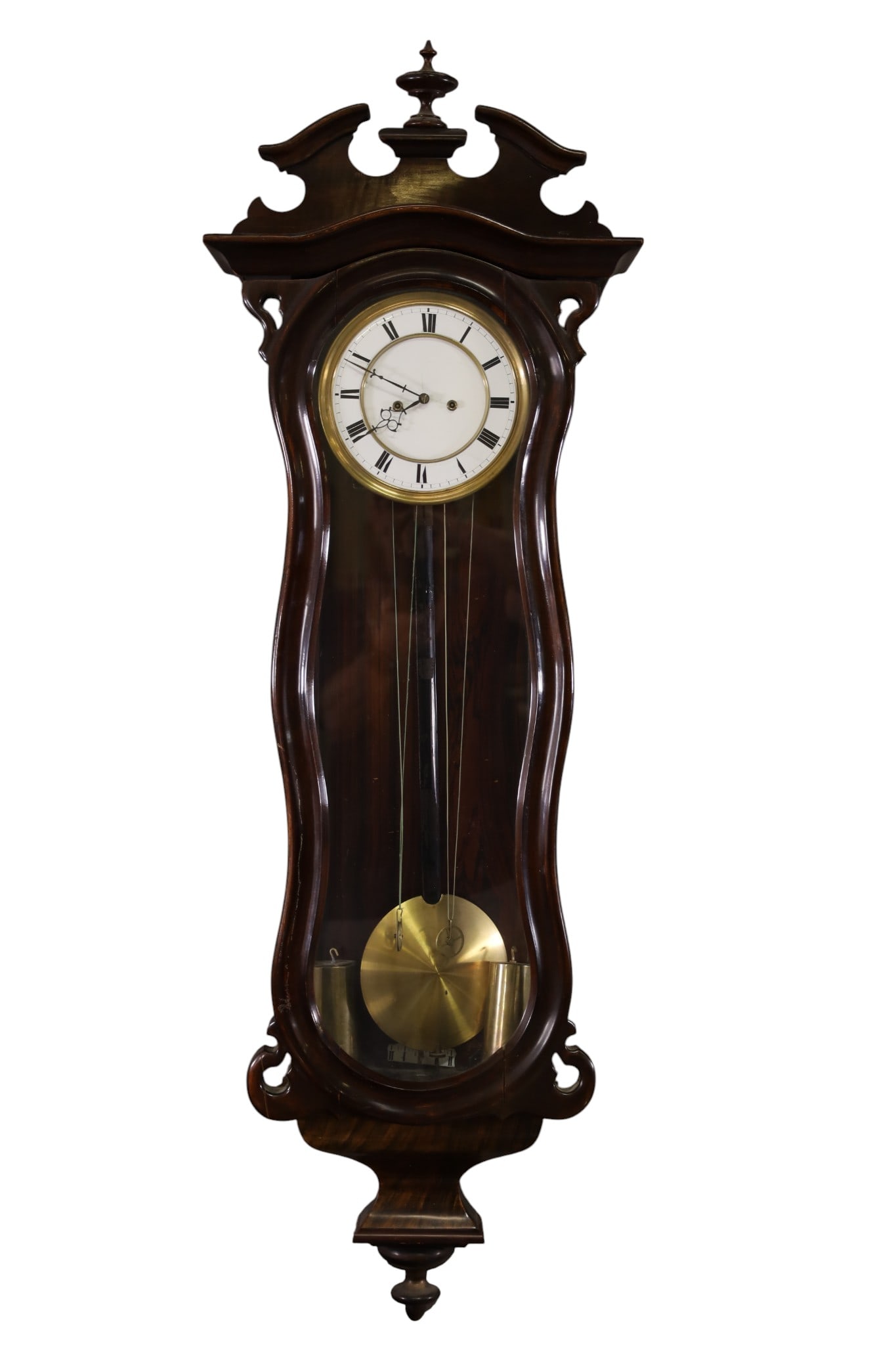 VIC. GERMAN REGULATOR WALL CLOCK: 2 WEIGHT VICTORIAN REGULATOR WALL CLOCK, CRACK TO DIAL. 15" W x 46" H. ALL CLOCKS ARE SOLD AS IS WE DO NOT GUARANTEE WORKING ORDER. THIS ITEM EXCEEDS SIZE, WEIGHT, AND OR FRAGILITY LIMITATIONS FOR IN 