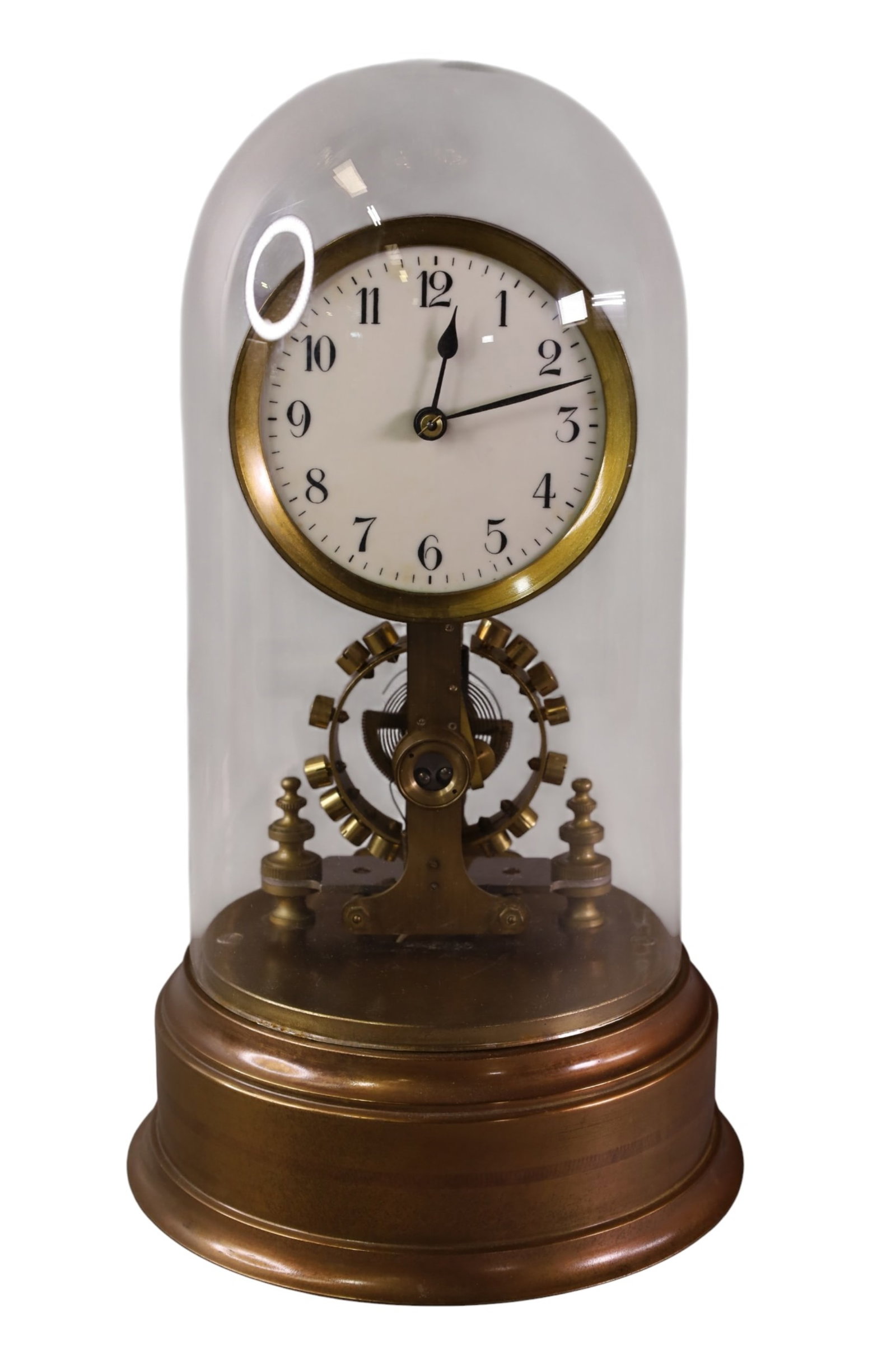 EUREKA CLOCK: IN GLASS DOME, EUREKA CLOCK CO LONDON ELECTRIC CLOCK. UNMARKED. 14 1/2" H.ALL CLOCKS ARE SOLD AS IS WE DO NOT GUARANTEE WORKING ORDER.
