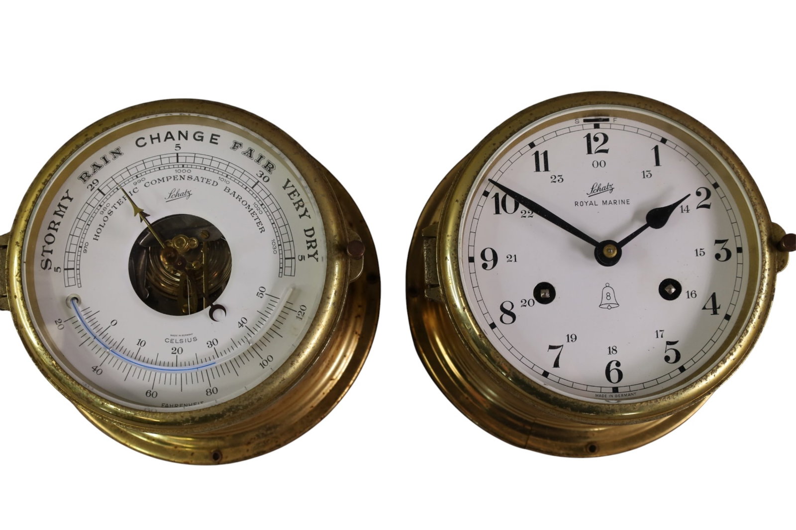 2 PIECE SHATZ CLOCK BAROMETER SET: SHATZ ROYAL MARINE BRASS CLOCK & HOLOSTERIC BAROMETER, 6" DIAM. ALL CLOCKS ARE SOLD AS IS WE DO NOT GUARANTEE WORKING ORDER.