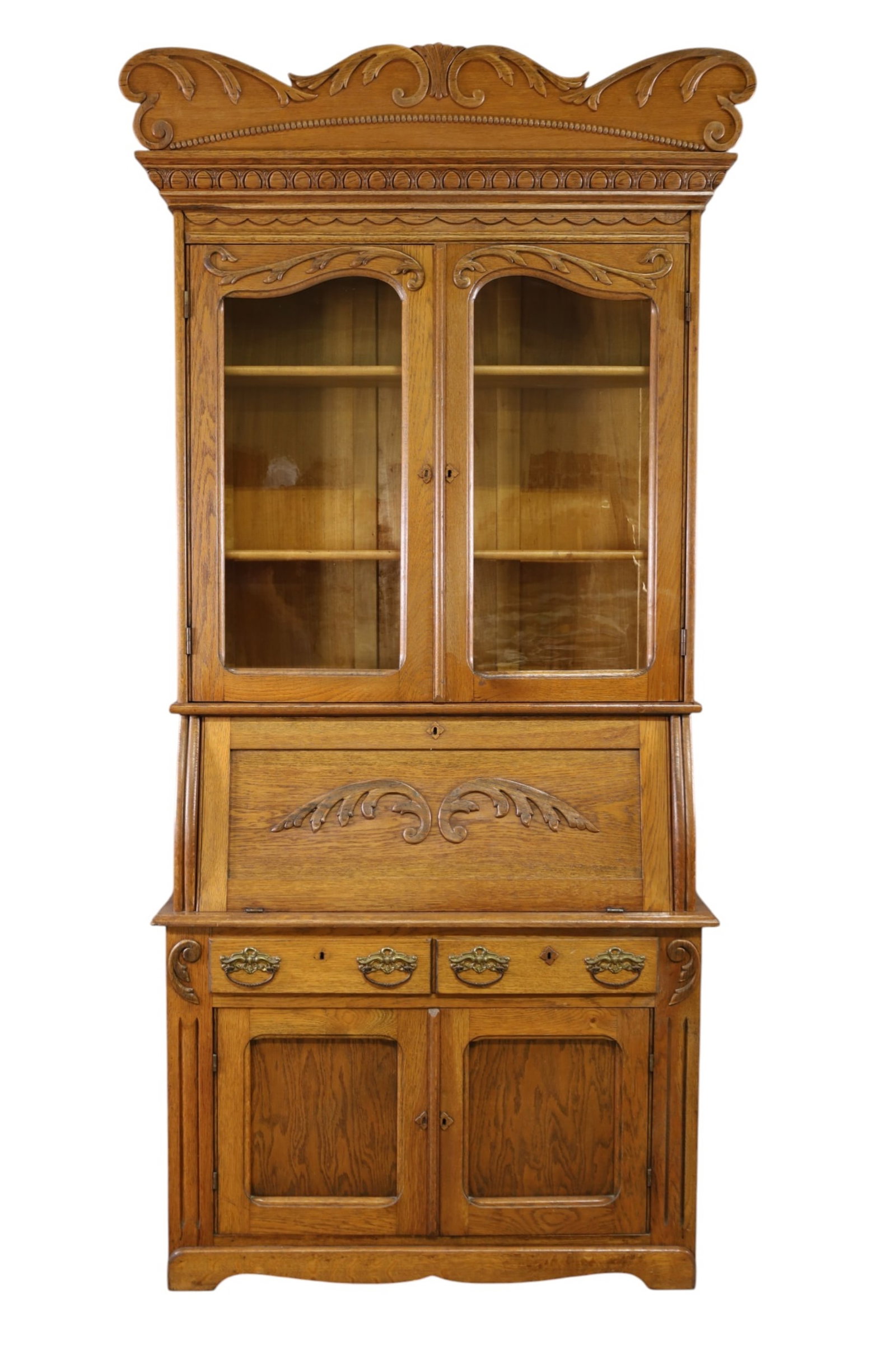 LARGE VICTORIAN OAK DROP FRONT SECRETARY: LARGE TWO PART, TWO DOOR UPPER, DROP FRONT LOWER DESK, 42" W x 18" D x 91" H. THIS ITEM EXCEEDS SIZE, WEIGHT, AND OR FRAGILITY LIMITATIONS FOR IN HOUSE SHIPPING, MUST BE PICKED UP IN HOUSE OR SHIPPED