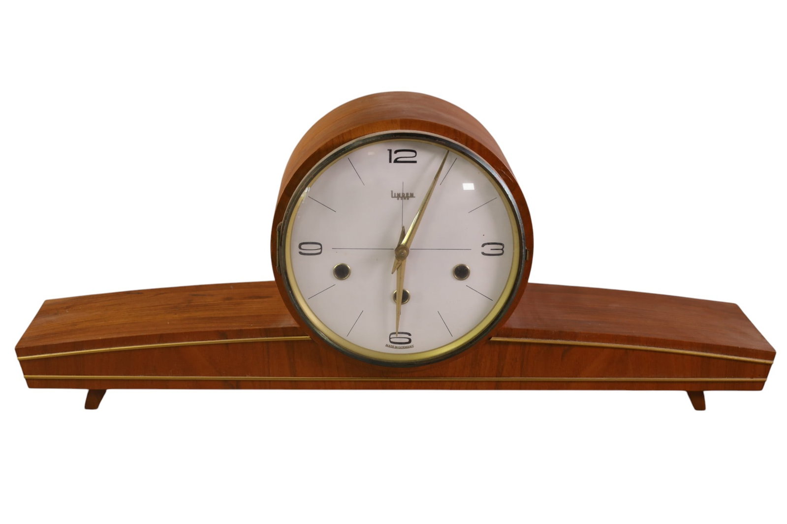 DECO MANTLE CLOCK: LINDEN 8 DAY GERMAN DECO MANTLE CLOCK, 22" W. 9" H. ALL CLOCKS ARE SOLD AS IS WE DO NOT GUARANTEE WORKING ORDER.