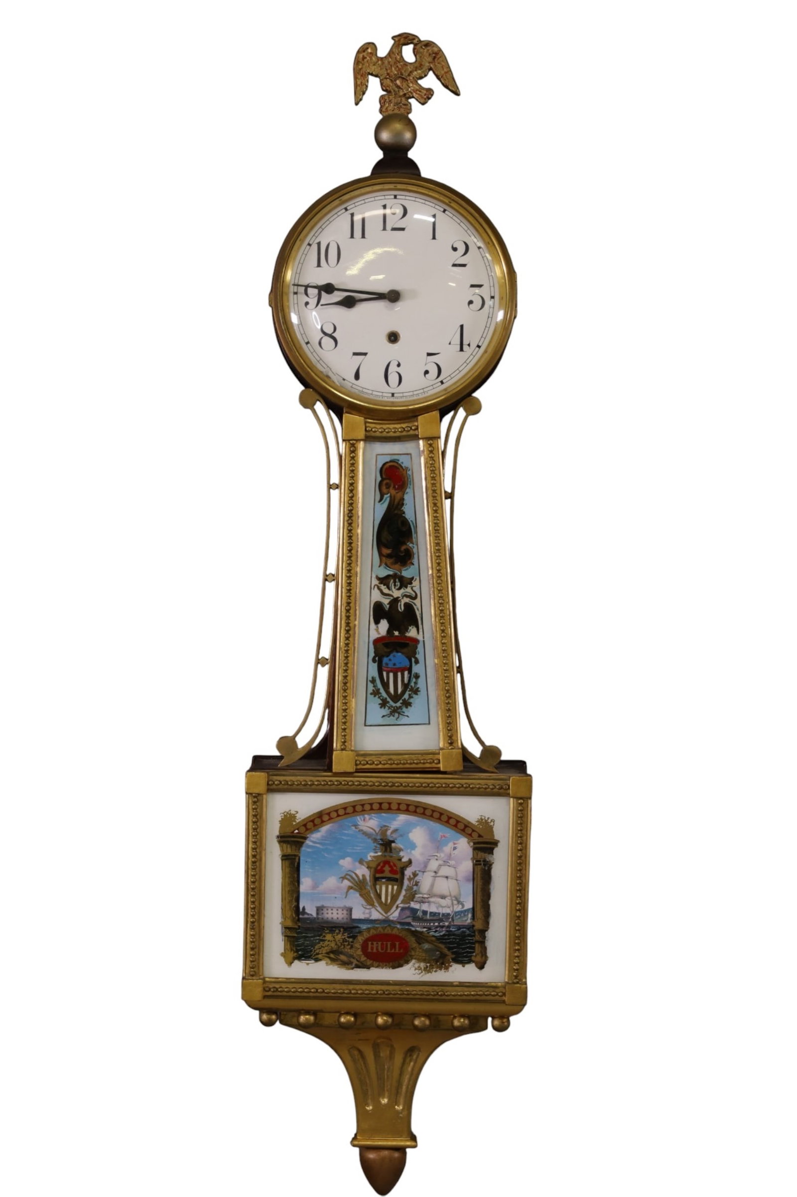 WATERBURY BANJO CLOCK: WATERBURY BANJO CLOCK, WILLARD No 2. EAGLE TOP. 42" H. ALL CLOCKS ARE SOLD AS IS WE DO NOT GUARANTEE WORKING ORDER. THIS ITEM EXCEEDS SIZE, WEIGHT, AND OR FRAGILITY LIMITATIONS FOR IN HOUSE SHIPPING,