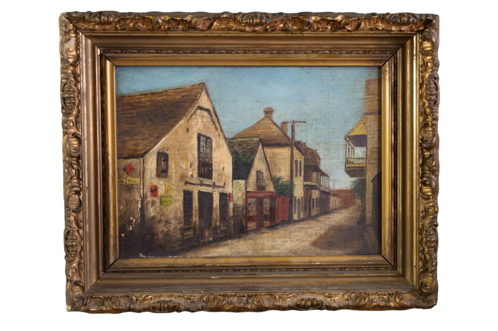 STREET SCENE OIL PAINTING: OIL ON CANVAS, SIGNED ILLEGIBLE. STREET SCENE OIL PAINTING. 14 1/2" x 11 1/2" IN FRAME