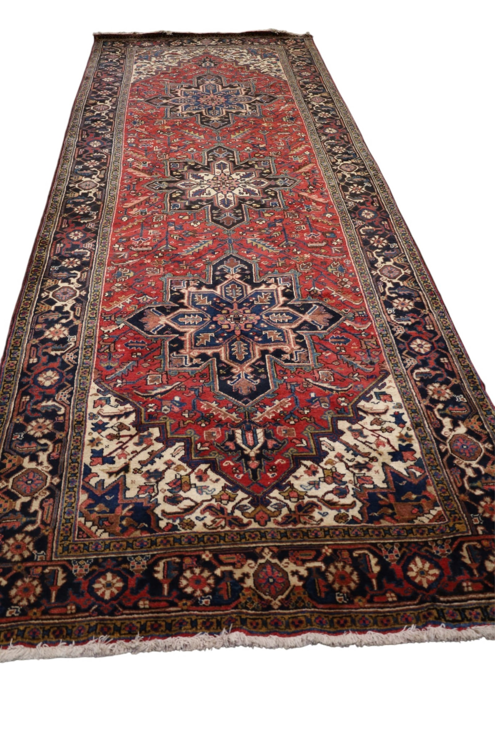 APPROX 5' 3" x 14' HANDMADE WOOL RUG: SEMI ANTIQUE HERIZ WIDE RUNNER, THIS ITEM EXCEEDS SIZE, WEIGHT, AND OR FRAGILITY LIMITATIONS FOR IN HOUSE SHIPPING, MUST BE PICKED UP IN HOUSE OR SHIPPED VIA 3RD PARTY SHIPPER.