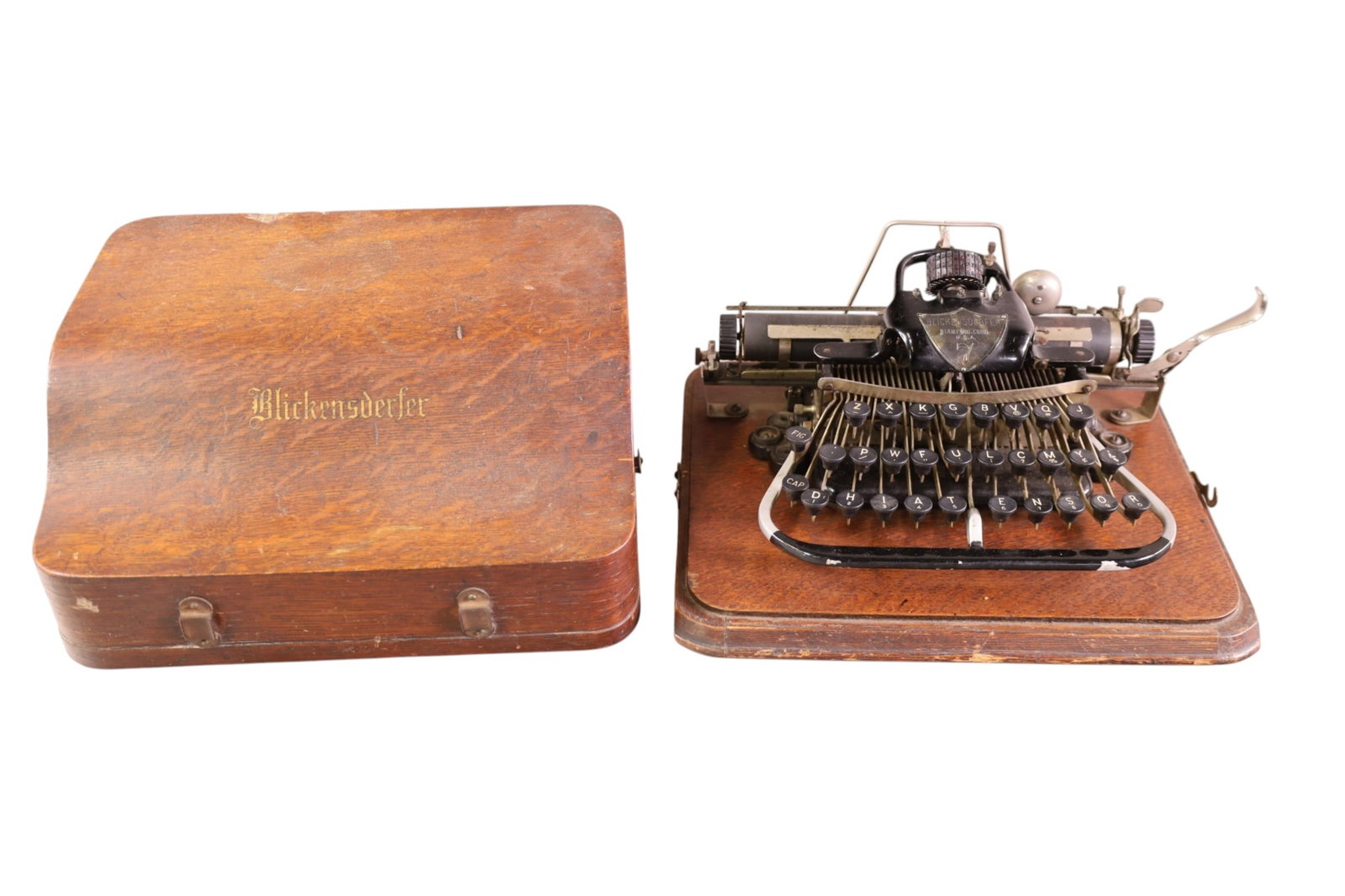 ELICKENSDERFER TYPEWRITER: No 5. IN ORIGINAL OAK CASE, 14" W.