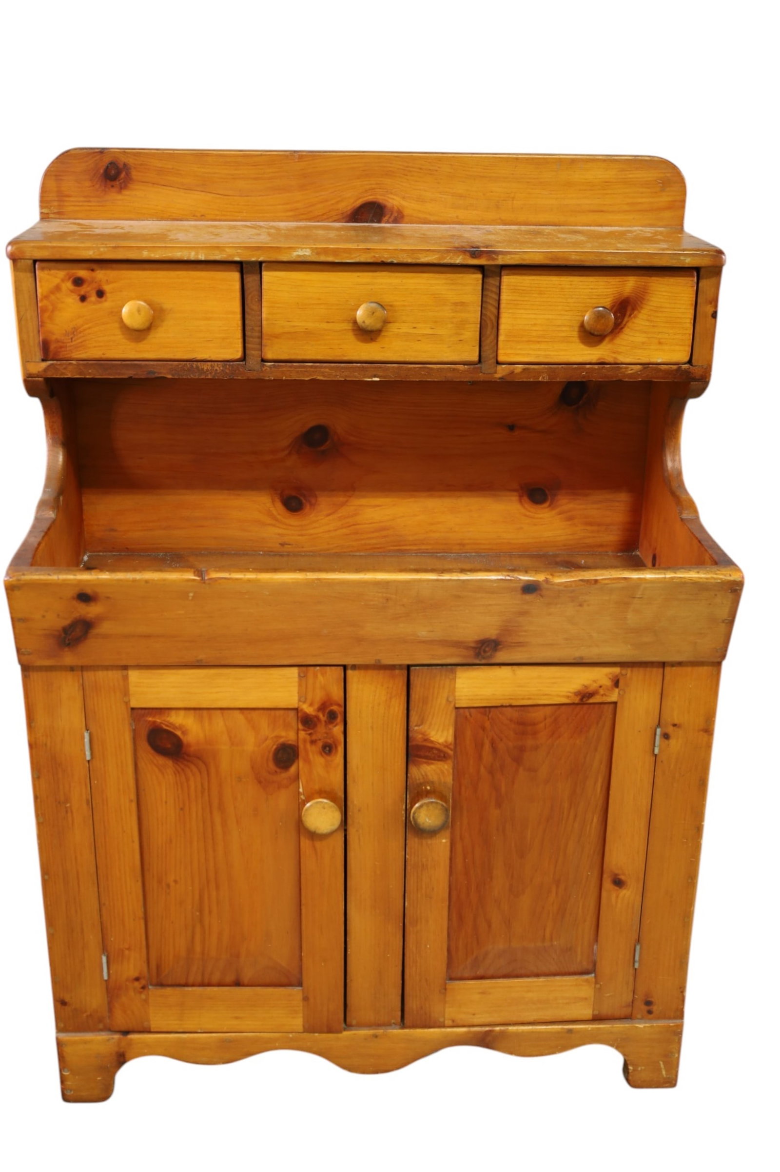 PRIMTIVE PINE WASHSTAND OR DRYSINK: PRIMITIVE PINE WASHSTAND, UPPER DRAWERS, LOWER DOORS, PAINTED INTERIOR. 35" W x 17" D x 50" H. THIS ITEM EXCEEDS SIZE, WEIGHT, AND OR FRAGILITY LIMITATIONS FOR IN HOUSE SHIPPING, MUST BE PICKED UP IN