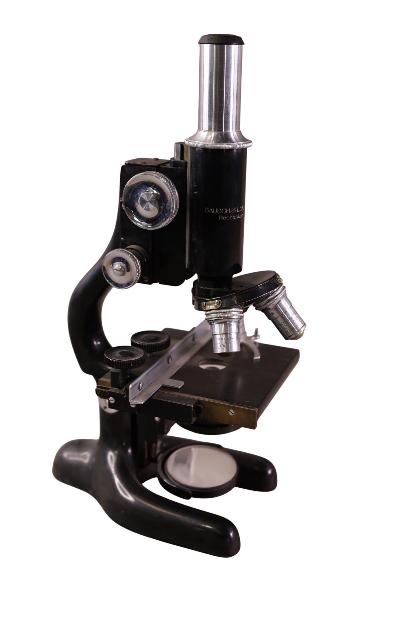 BAUSCH & LOMB MICROSCOPE: VINTAGE BAUSCH & LOMB MICROSCOPE, 12 1/2" H.