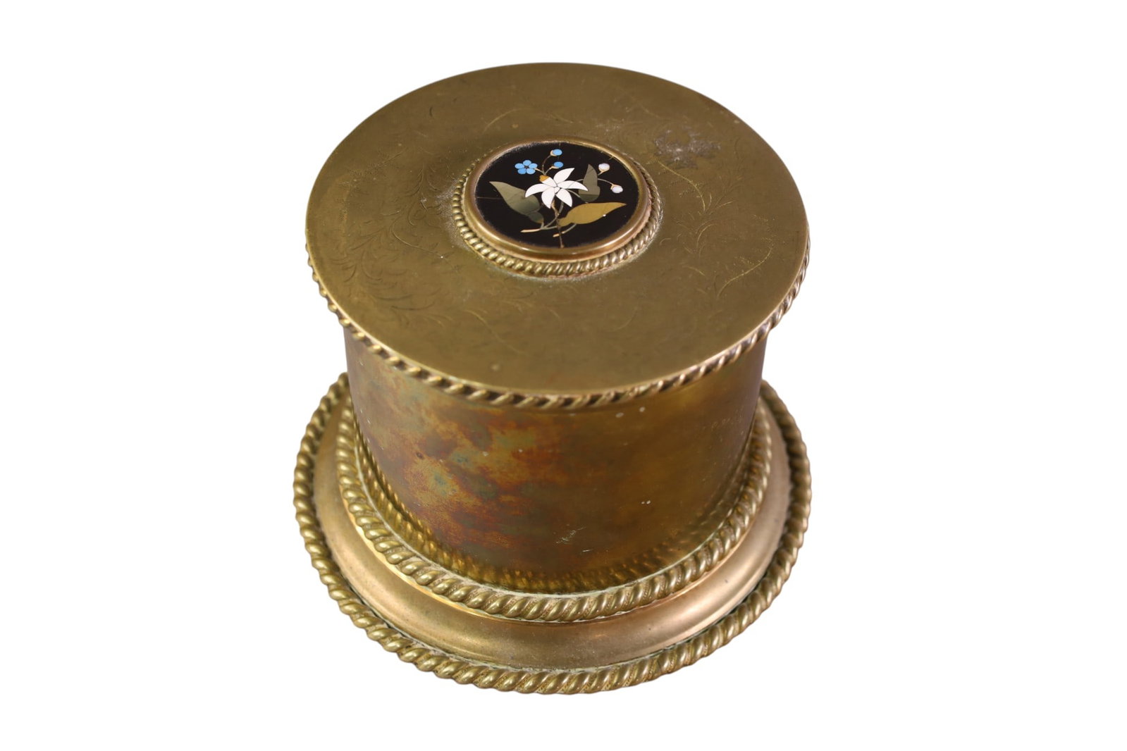 19TH CENTURY FRENCH PERFUME CADDY: 19TH CENTURY BRASS PERFUME CADDY, WITH PIETRA DURA INLAID LID. DENTS. 7" DIAM x 5" H.