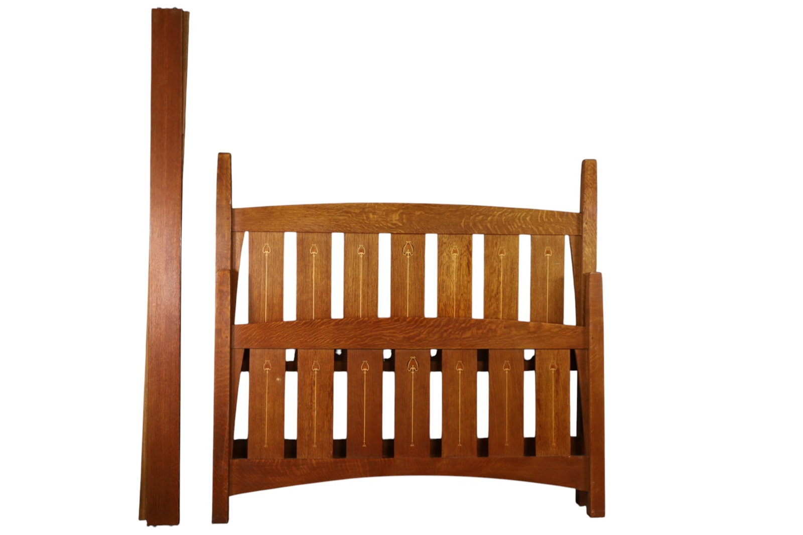 HARVEY ELLIS DESIGN STICKLEY BED: CONTEMPORARY STICKLEY MISSION OAK ARTS & CRAFTS QUEEN BED FRAME, HARVEY ELLIS DESIGN, STAMPED 89-672. 59 1/2" H. THIS ITEM EXCEEDS SIZE, WEIGHT, AND OR FRAGILITY LIMITATIONS FOR IN HOUSE SHIPPING,