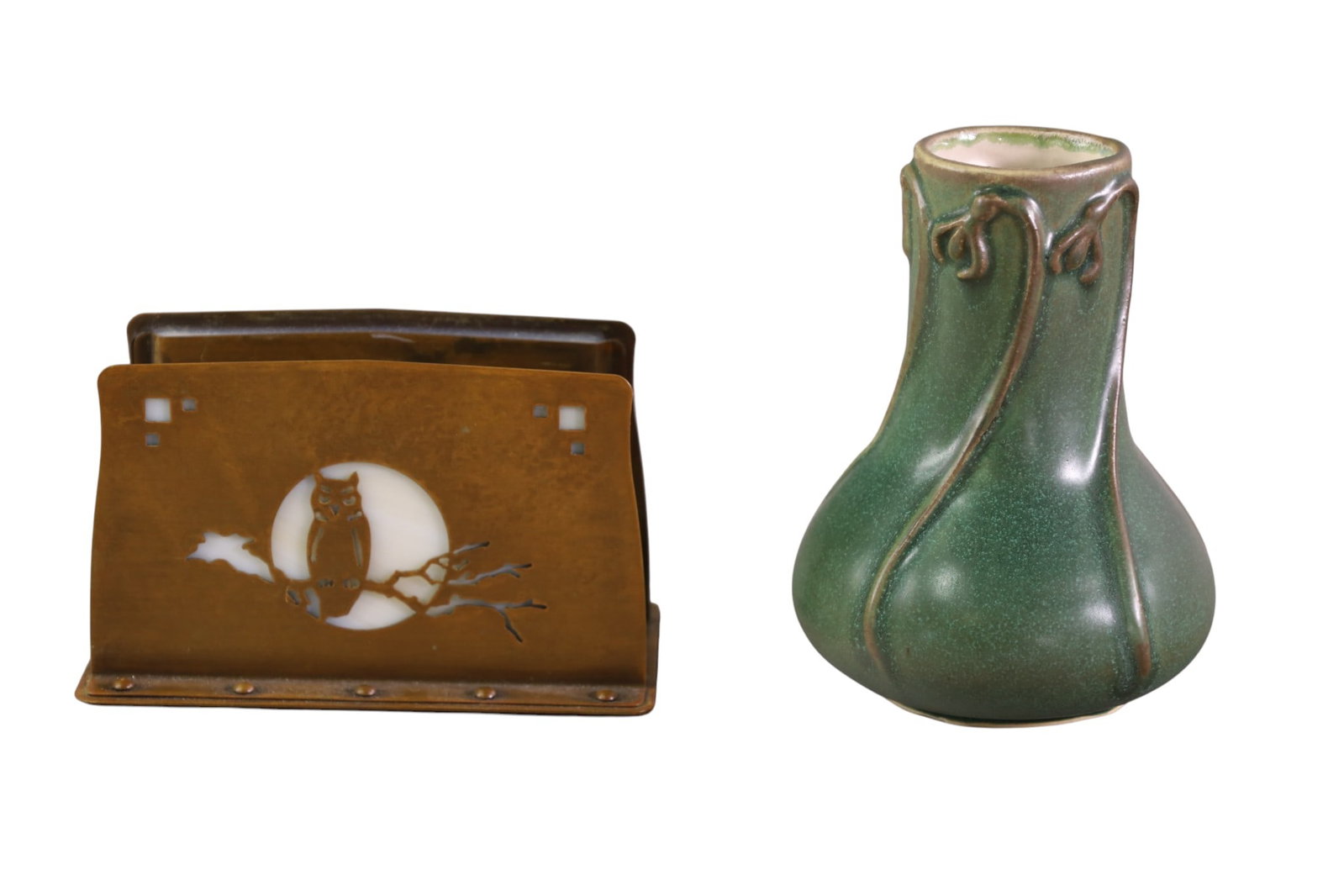 2 ARTS & CRAFTS TABLE ITEMS: COPPER LETTER HOLDER, WITH SLAG BACK, OWL MOTIF. & PEWABIC POTTERY VASE, SNOW DROP, 6" H & 6" W.