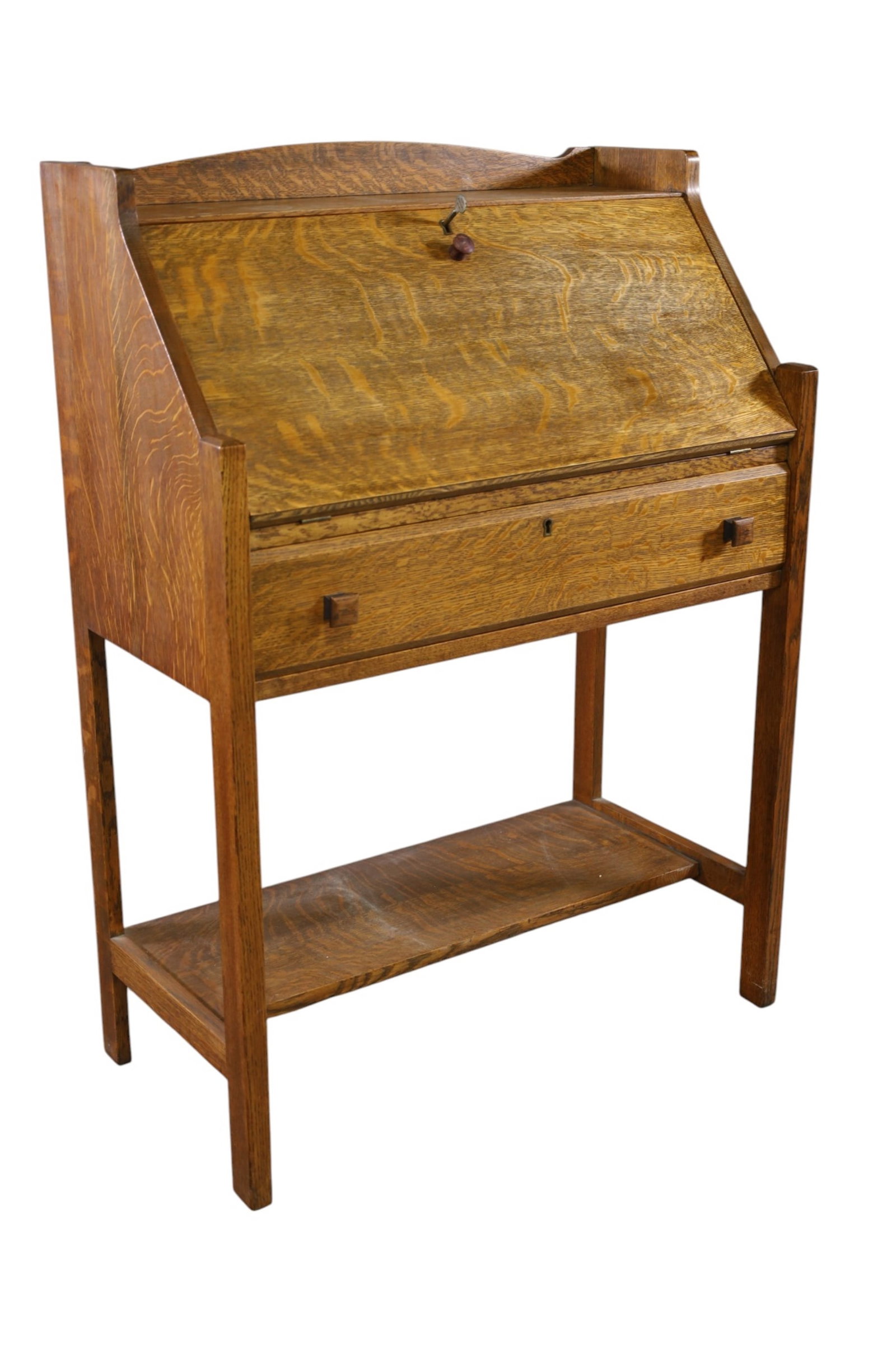 ARTS & CRAFTS OAK DROP FRONT DESK: AMERICAN OAK, ARTS & CRAFTS DROP FRONT DESK, REPLACED KNOB. 29 1/2" W x 16" D x 41 1/2" H. THIS ITEM EXCEEDS SIZE, WEIGHT, AND OR FRAGILITY LIMITATIONS FOR IN HOUSE SHIPPING, MUST BE PICKED UP IN