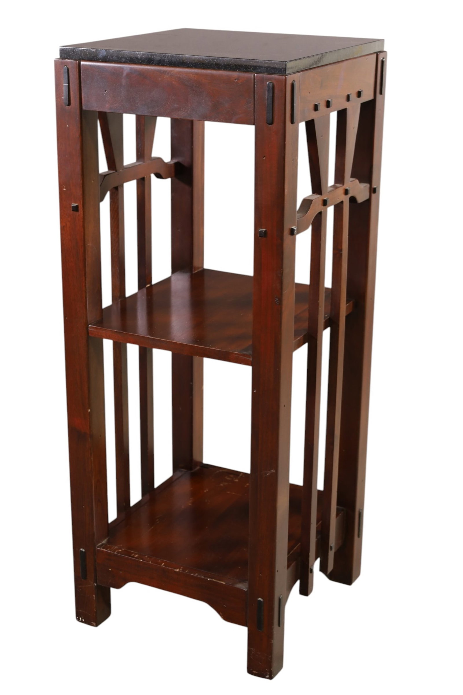 CONTEMPORARY ARTS & CRAFTS STAND: CONTEMPORARY ARTS & CRAFTS STAND, MARBLE TOP, 16" x 16" x 41" H. THIS ITEM EXCEEDS SIZE, WEIGHT, AND OR FRAGILITY LIMITATIONS FOR IN HOUSE SHIPPING, MUST BE PICKED UP IN HOUSE OR SHIPPED VIA 3RD