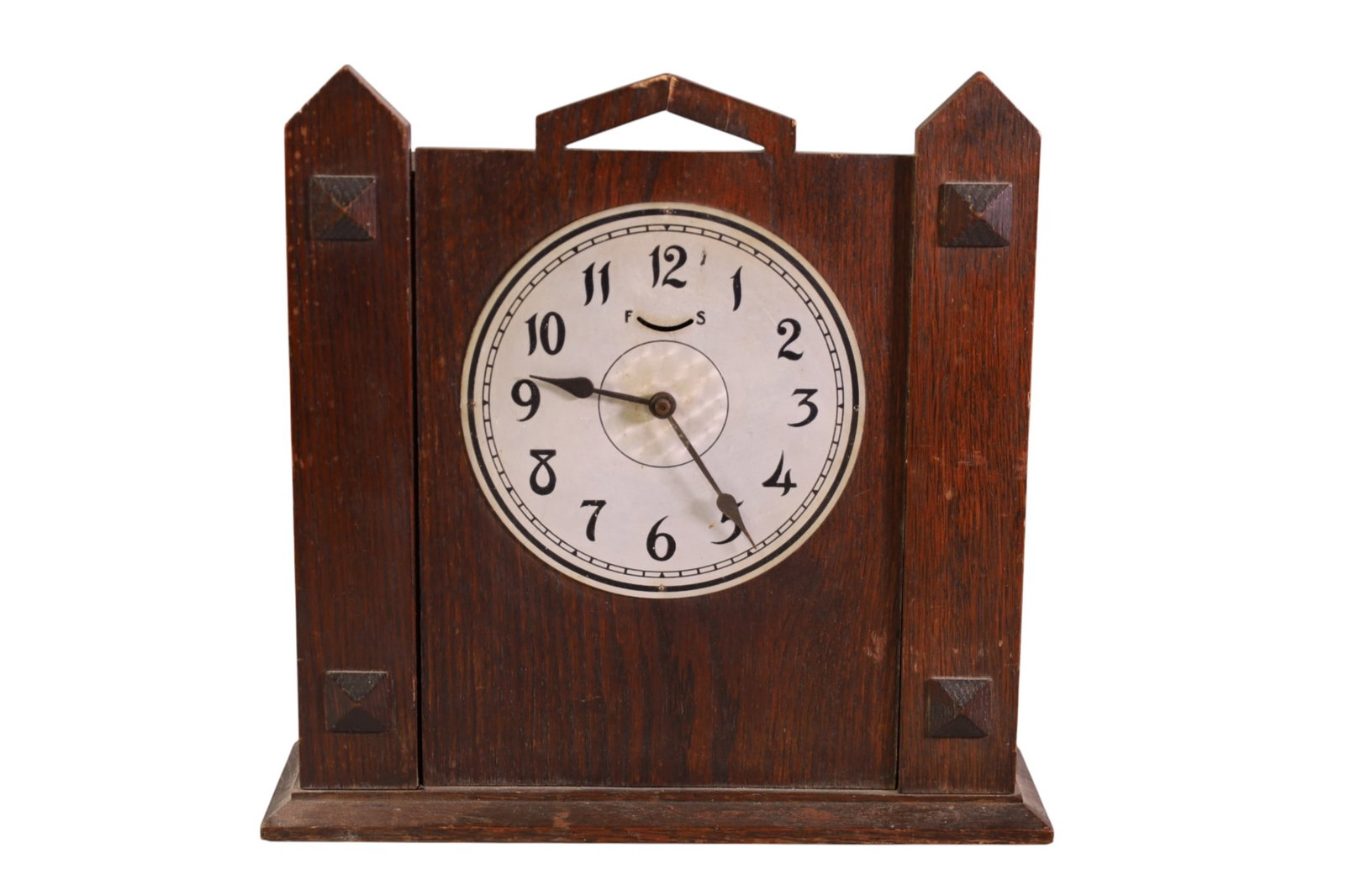 ARTS & CRAFTS OAK MANTLE CLOCK: OAK ARTS & CRAFTS MANTLE CLOCK, 13" x 13" ALL CLOCKS ARE SOLD AS IS WE DO NOT GUARANTEE WORKING ORDER