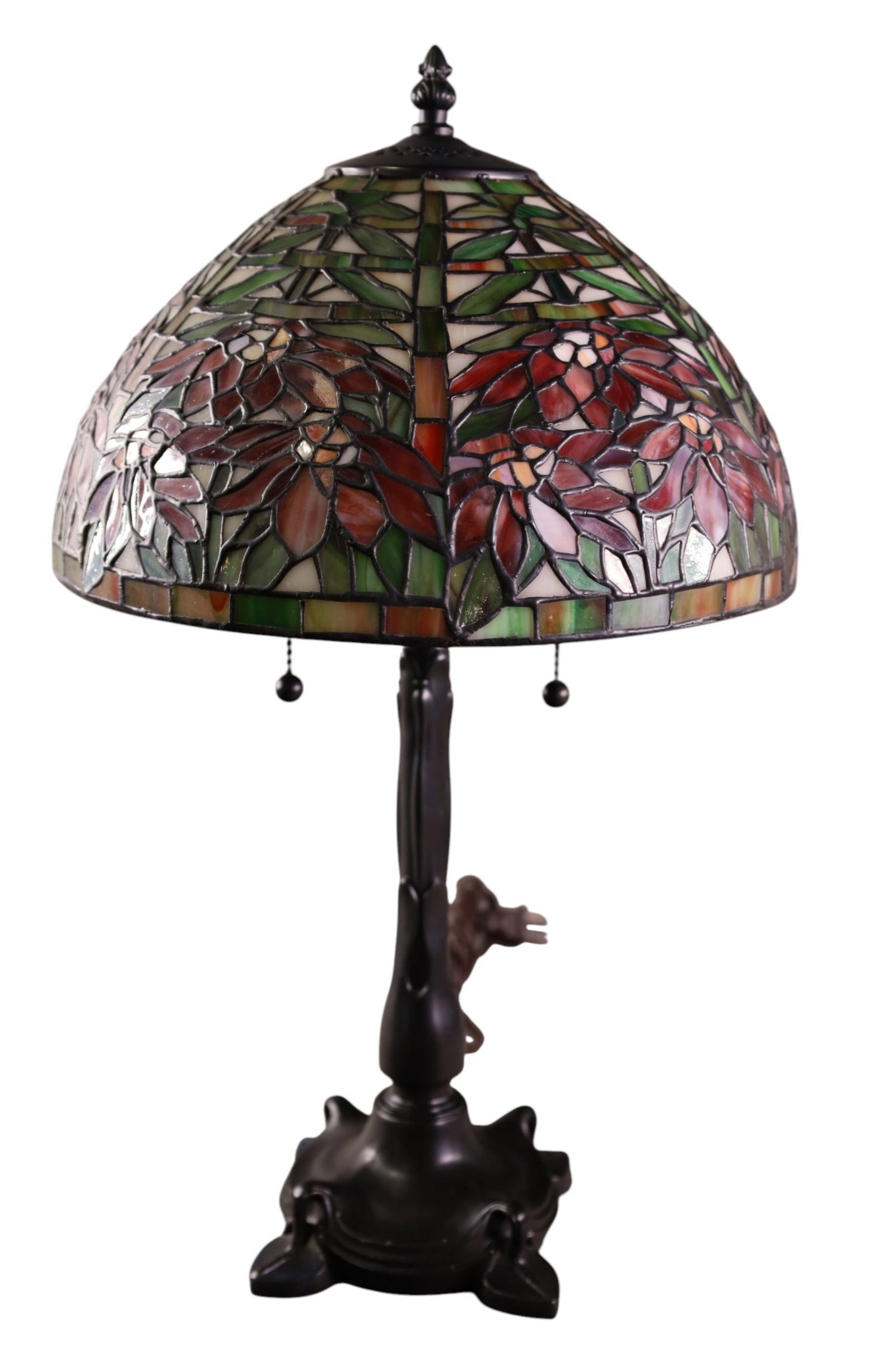 CONTEMPORARY LEADED GLASS LAMP: TIFFANY STYLE LEADED GLASS TABLE LAMP, 12" DIAM x 21" H.