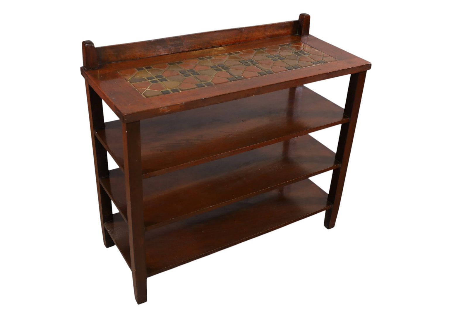 ARTS & CRAFTS ETAGERE SHELF: ARTS & CRAFTS TILE TOP ETAGERE, MINOR WEAR TO FINISH. 36" W x 14 1/2" D x 32" H. THIS ITEM EXCEEDS SIZE, WEIGHT, AND OR FRAGILITY LIMITATIONS FOR IN HOUSE SHIPPING, MUST BE PICKED UP IN HOUSE OR