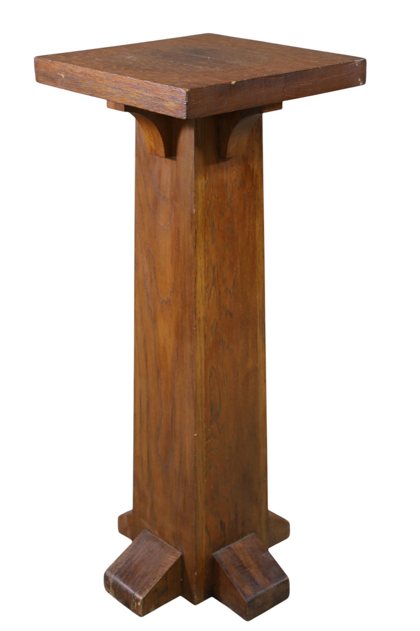 ARTS & CRAFTS OAK PEDESTAL: MISSION OAK, ARTS & CRAFTS PLANT STAND OR PEDESTAL. WEAR TO FINISH. 14" x 14" x 36" H. THIS ITEM EXCEEDS SIZE, WEIGHT, AND OR FRAGILITY LIMITATIONS FOR IN HOUSE SHIPPING, MUST BE PICKED UP IN HOUSE OR