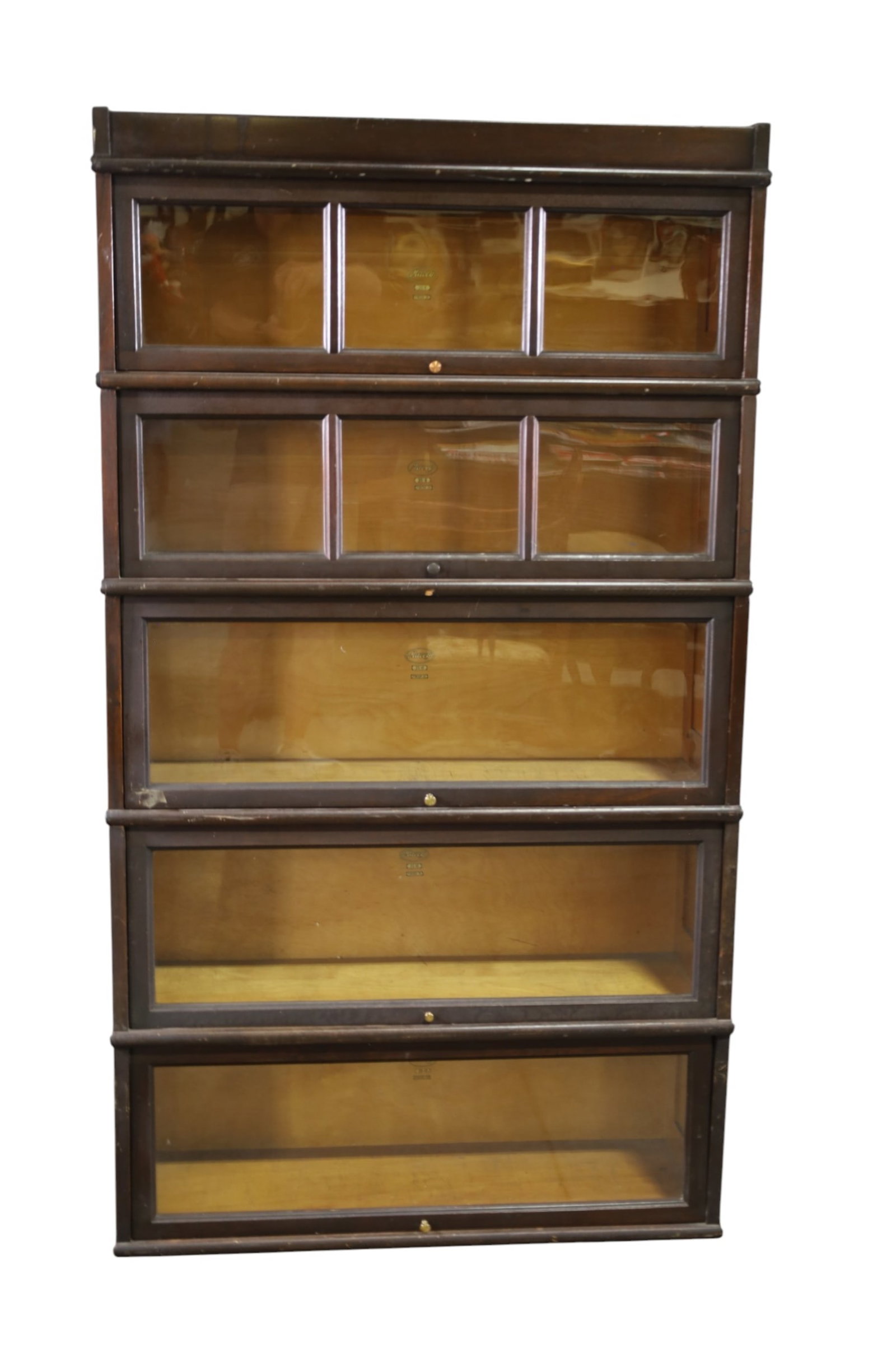 STACKING LAWYER'S BOOKCASE: MAHOGANY ARTS & CRAFTS STYLE LAWYER'S STACKING BOOKCASE. NO BASE. WEAR TO FINISH, SCRATCHES. 34" W x 11" D x 61 1/2" H. THIS ITEM EXCEEDS SIZE, WEIGHT, AND OR FRAGILITY LIMITATIONS FOR IN HOUSE
