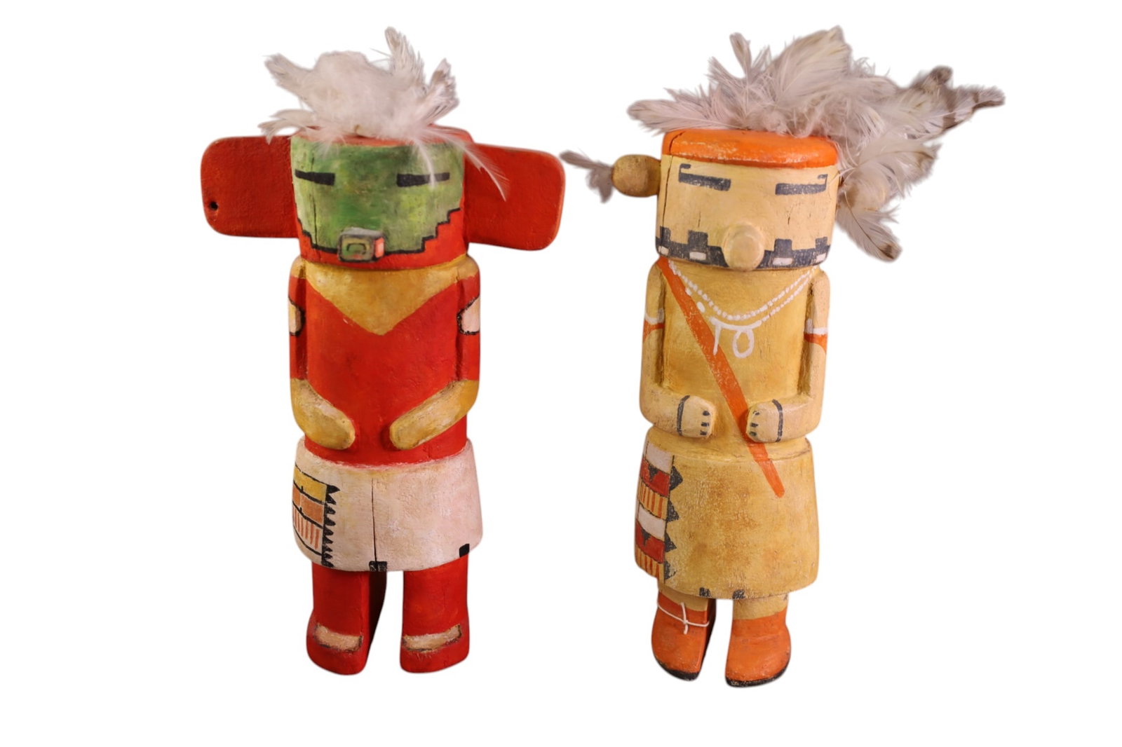 2 DUANE O'HAGAN KACHINAS: HAND PAINTED WITH FEATHERS, CARVED KACHINAS. SIGNED ON BASE. 12" H.