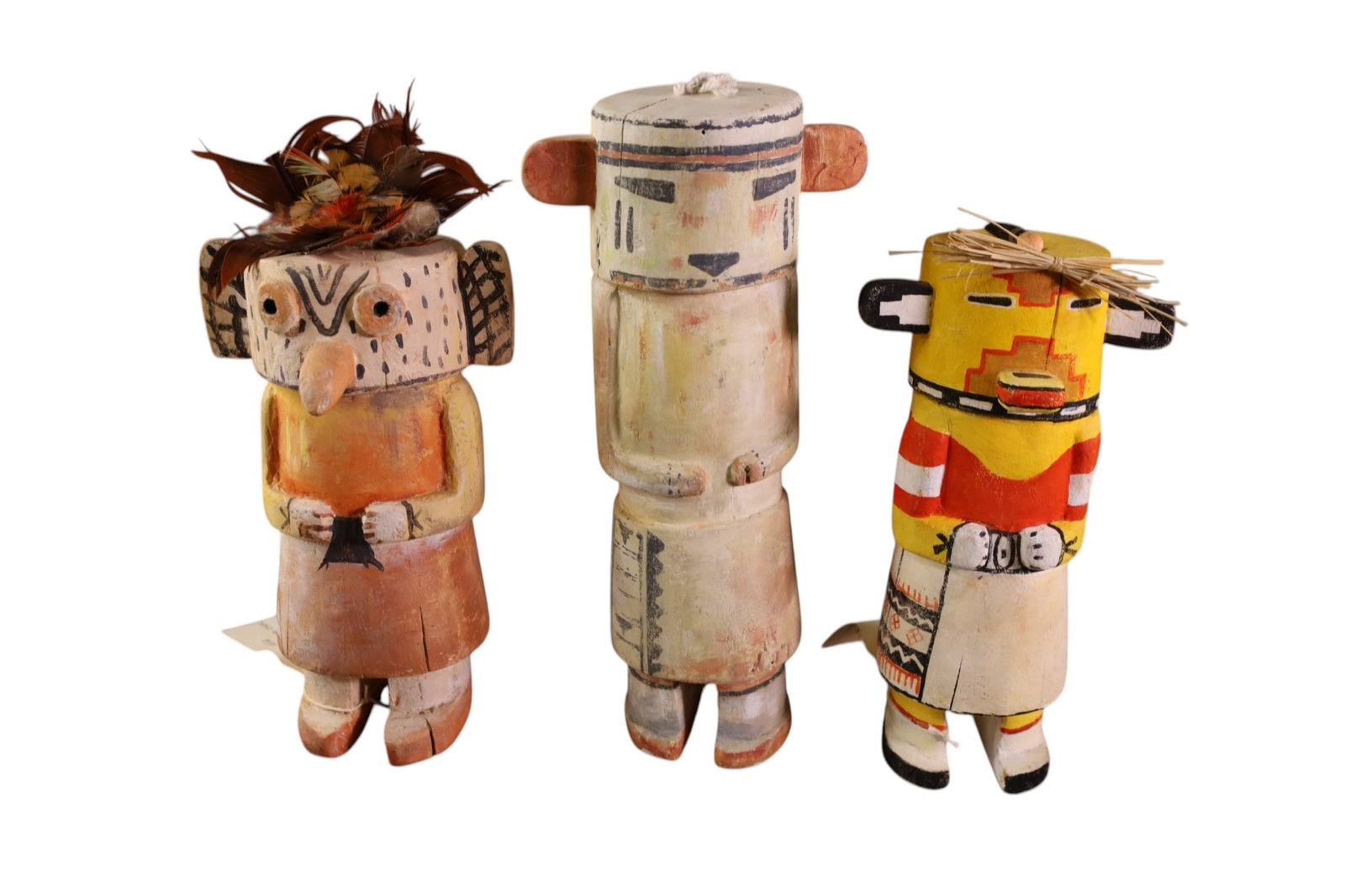 3 DUANE O'HAGAN KACHINAS: HAND PAINTED, CARVED KACHINAS, SIGNED ON BASE. 7" - 10" H.