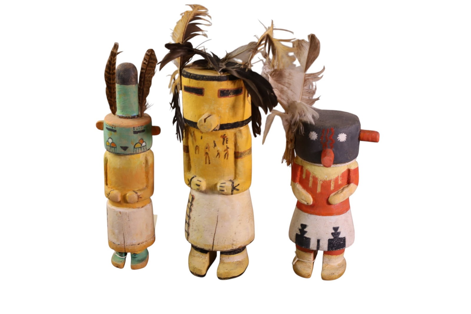 3 DUANE O'HAGAN KACHINAS: HAND PAINTED, CARVED KACHINAS, SIGNED ON BASE. 9 1/2" & 7" H.