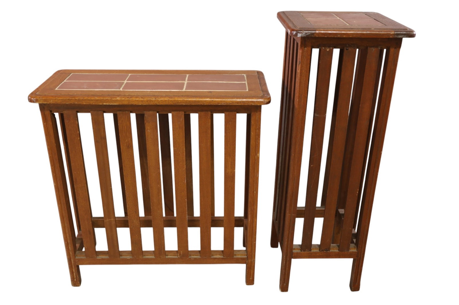 2 ARTS & CRAFTS STANDS: CONTEMPORARY STANDS, HALL TABLE & PLANT STAND. WEAR TO FINISH. 13 1/2" x 13 1/2" x 37" & 28" W x 12" D x 29" H. THIS ITEM EXCEEDS SIZE, WEIGHT, AND OR FRAGILITY LIMITATIONS FOR IN HOUSE SHIPPING,