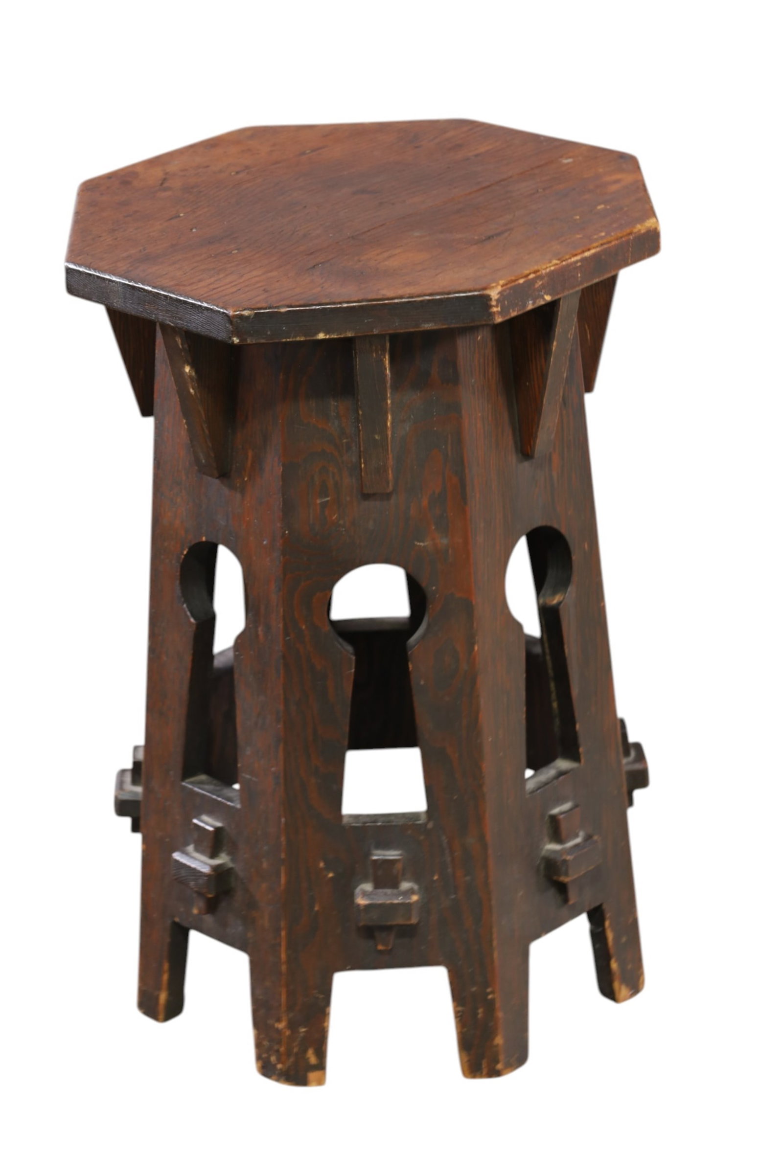 ARTS & CRAFTS TABOURET: SMALL DARK PINE ARTS & CRAFTS TABOURET TABLE. , WEAR TO FINISH. 13" W x 19" H.